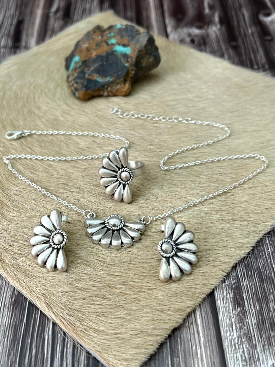 Handmade Sterling Silver Necklace Ring Earrings Set "Signed Nizhoni"
