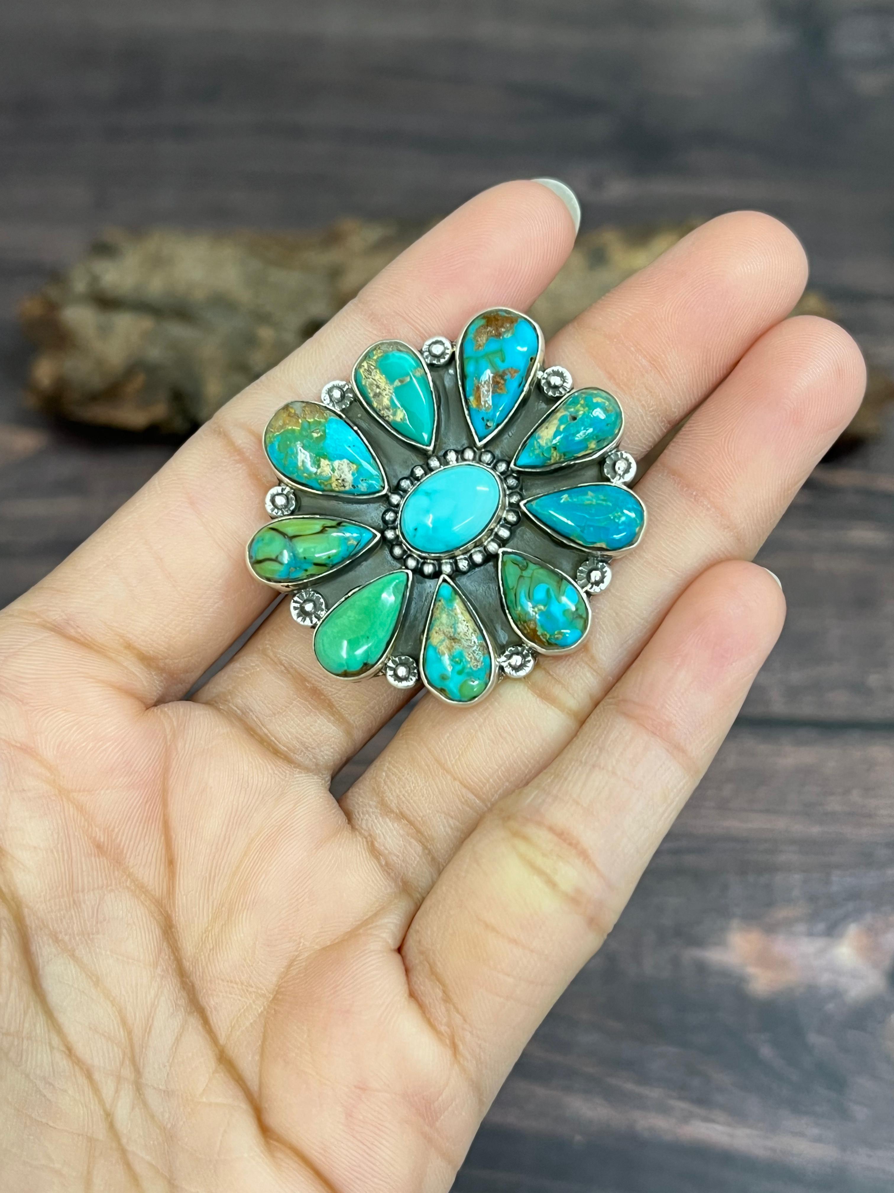 Handmade Sterling Silver South Hill Turquoise Adjustable Ring with Signed Nizhoni