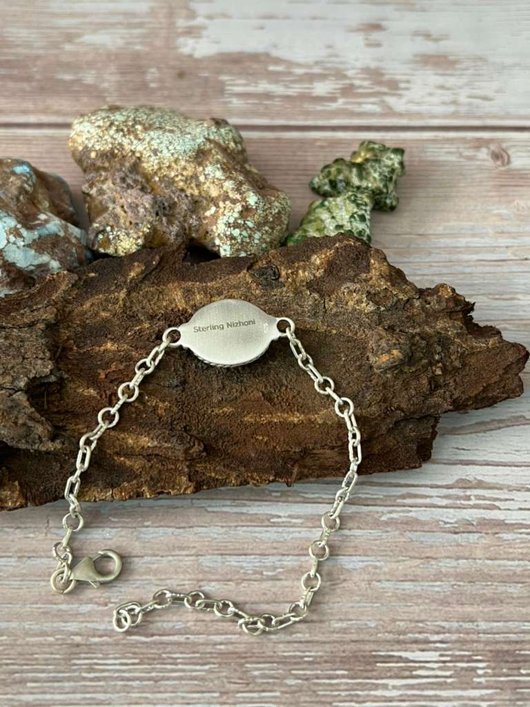 Handmade Sterling Silver Blackjack Turquoise Chain Bracelet with Signed Nizhoni