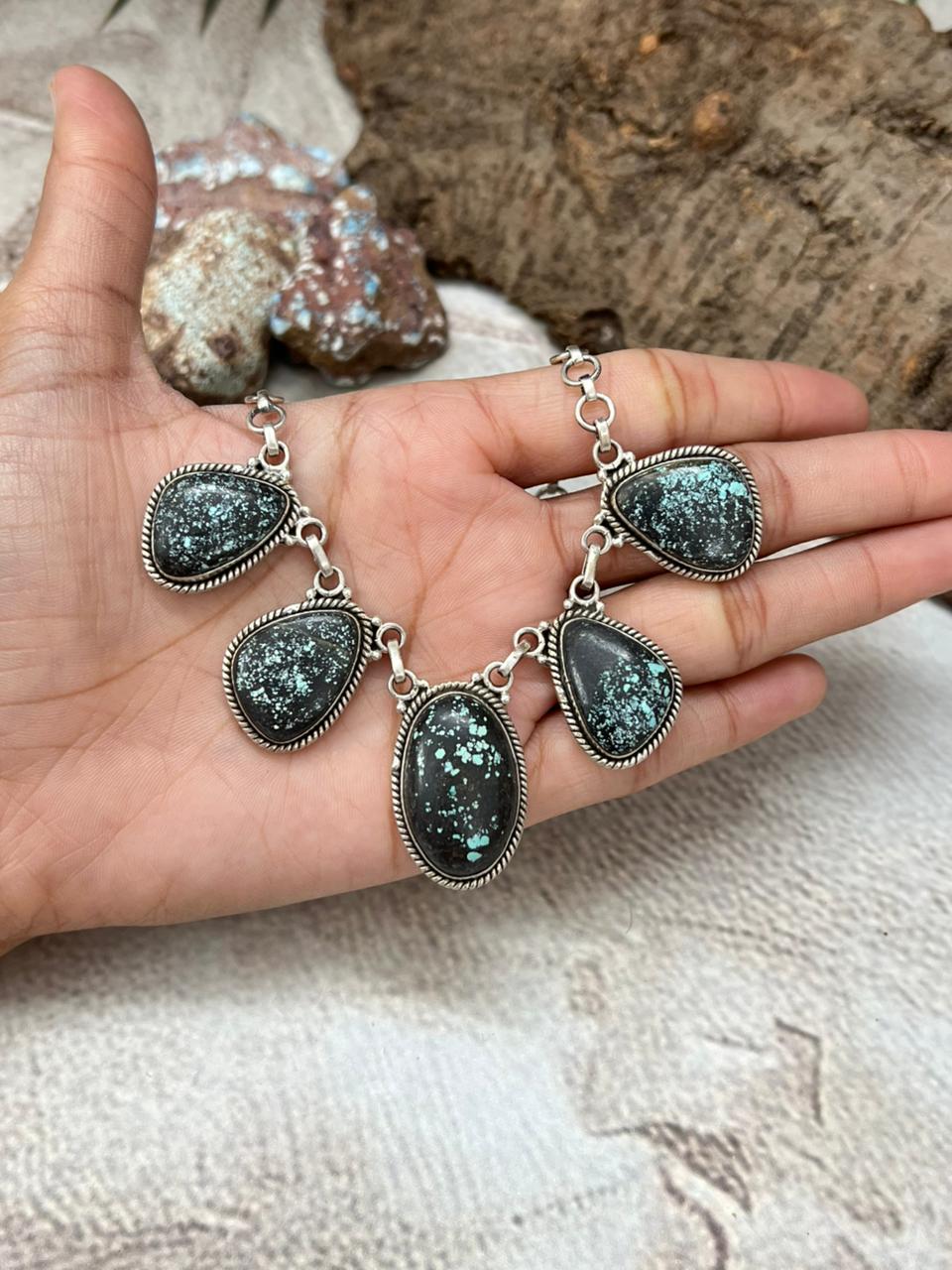 Handmade Sterling Silver Lander Turquoise Necklace with Signed Nizhoni