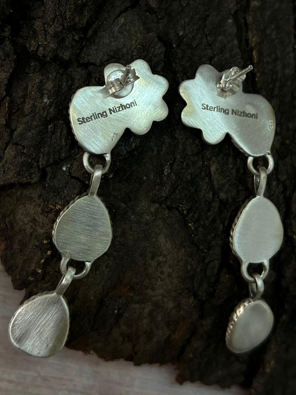 Handmade Sterling Silver White Buffalo Post Dangle Earrings "Signed Nizhoni"