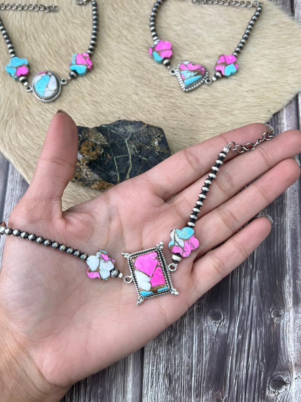 Handmade Sterling Silver Cotton Candy Beaded Chain Bracelet "Signed Nizhoni"