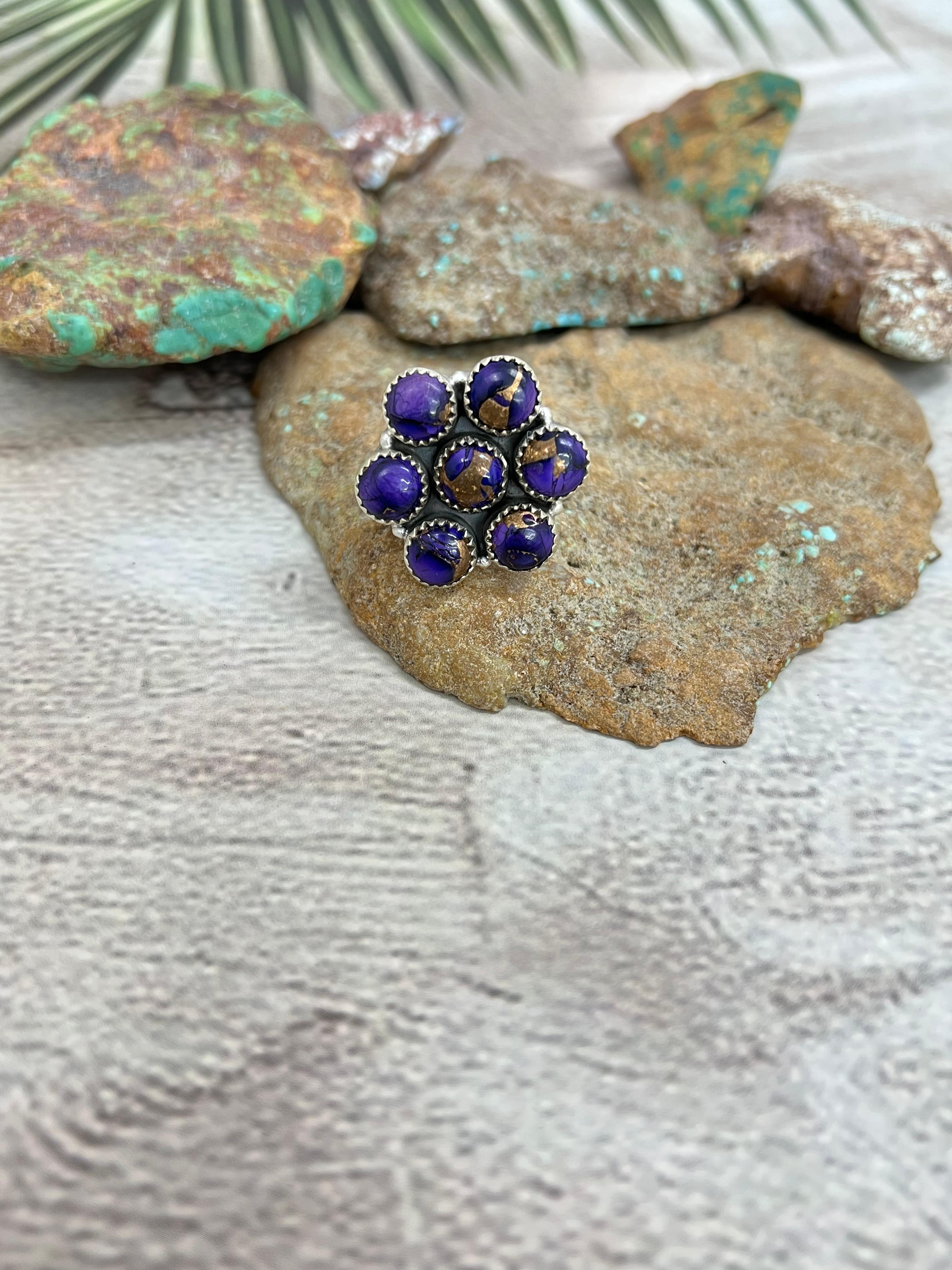 Handmade Sterling Silver Grape Dahlia Adjustable Ring with Signed Nizhoni