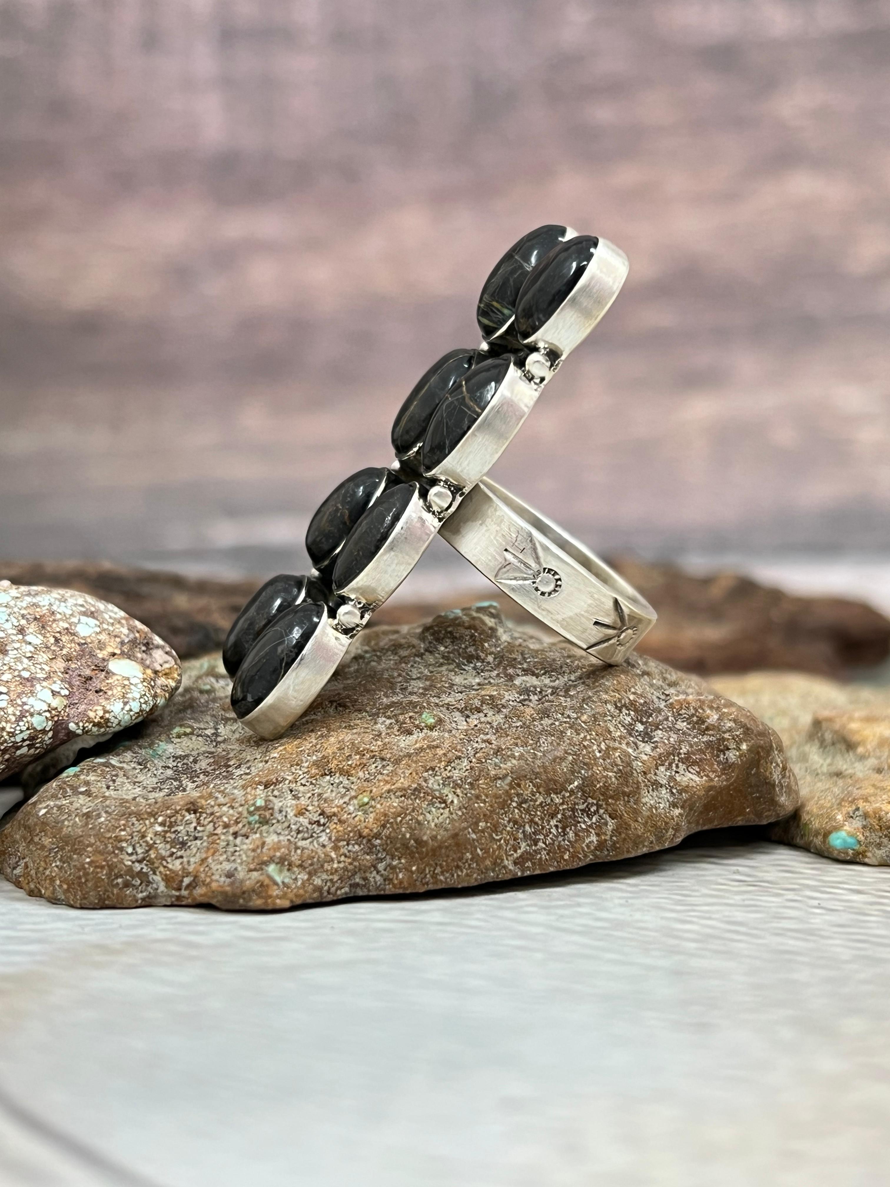 Handmade Sterling Silver Blackjack Turquoise Adjustable Ring Signed Nizhoni