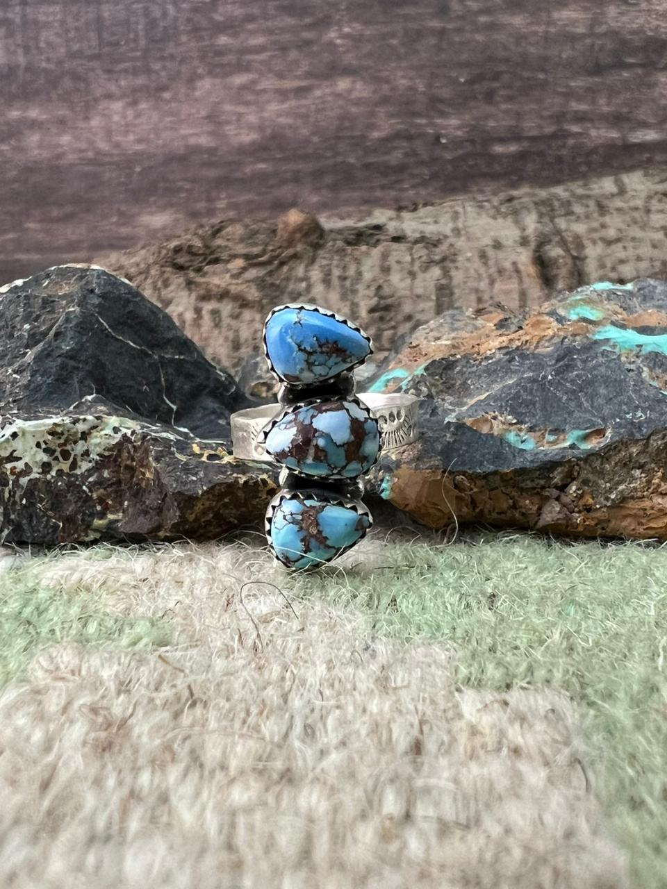 Handmade Sterling Silver Golden Hills Turquoise Adjustable Ring "Signed Nizhoni"