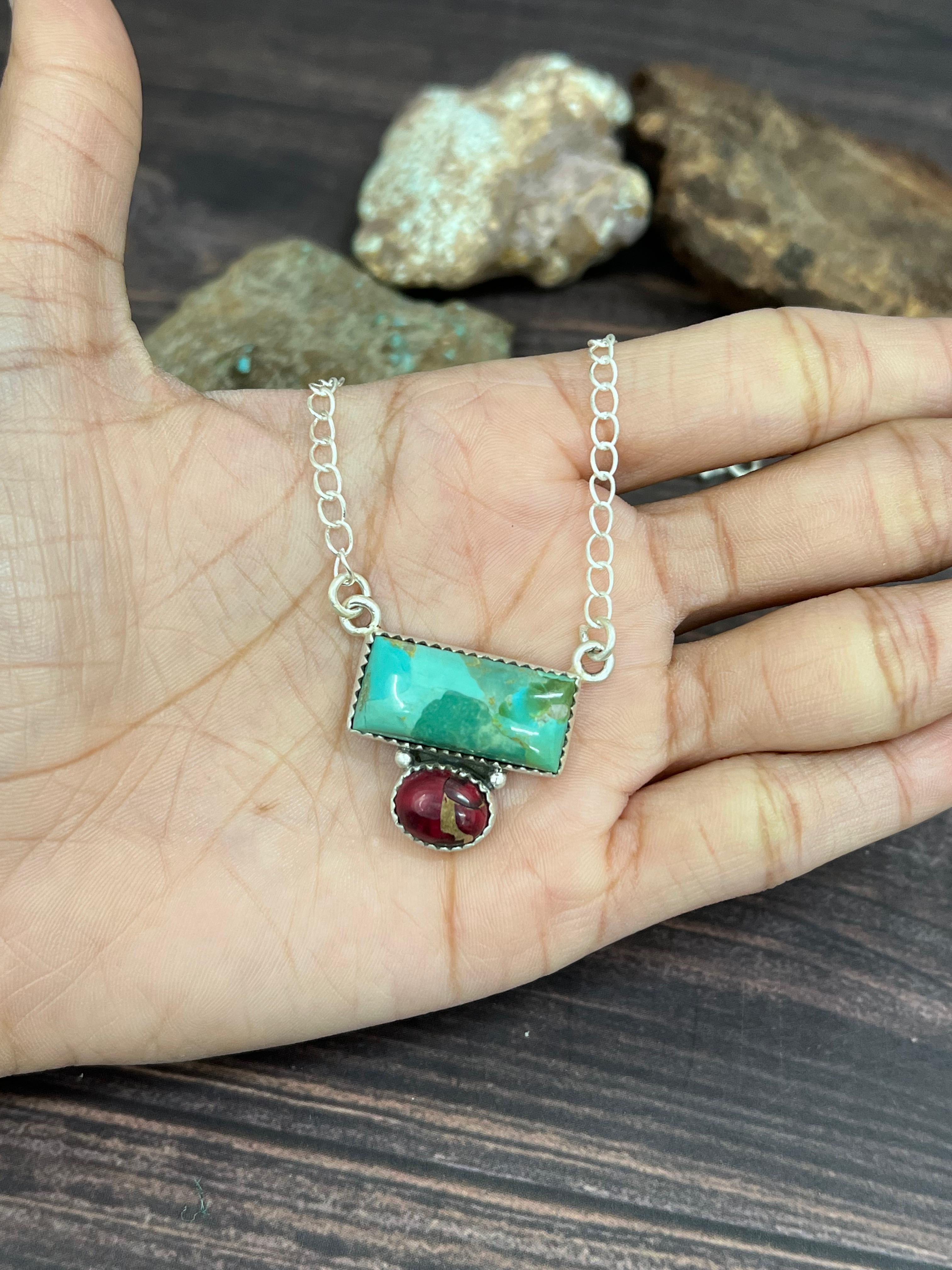 Handmade Sterling Silver Kingman with Dahlia Rose Necklace with Signed Nizhoni