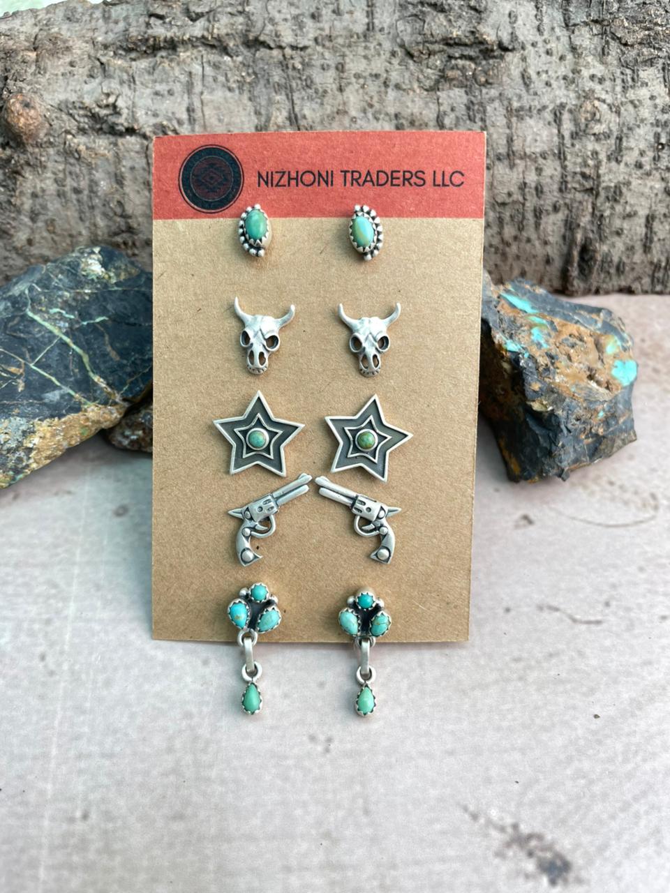 Handmade Sterling Silver Kingman Turquoise Post Studs Earrings Set