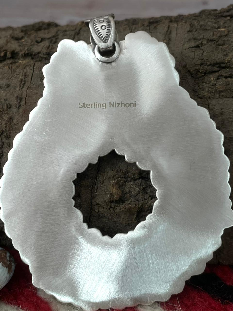 Handmade Sterling Silver Dahlia Rose with Emerald Valley Turquoise Pendant "Signed Nizhoni"