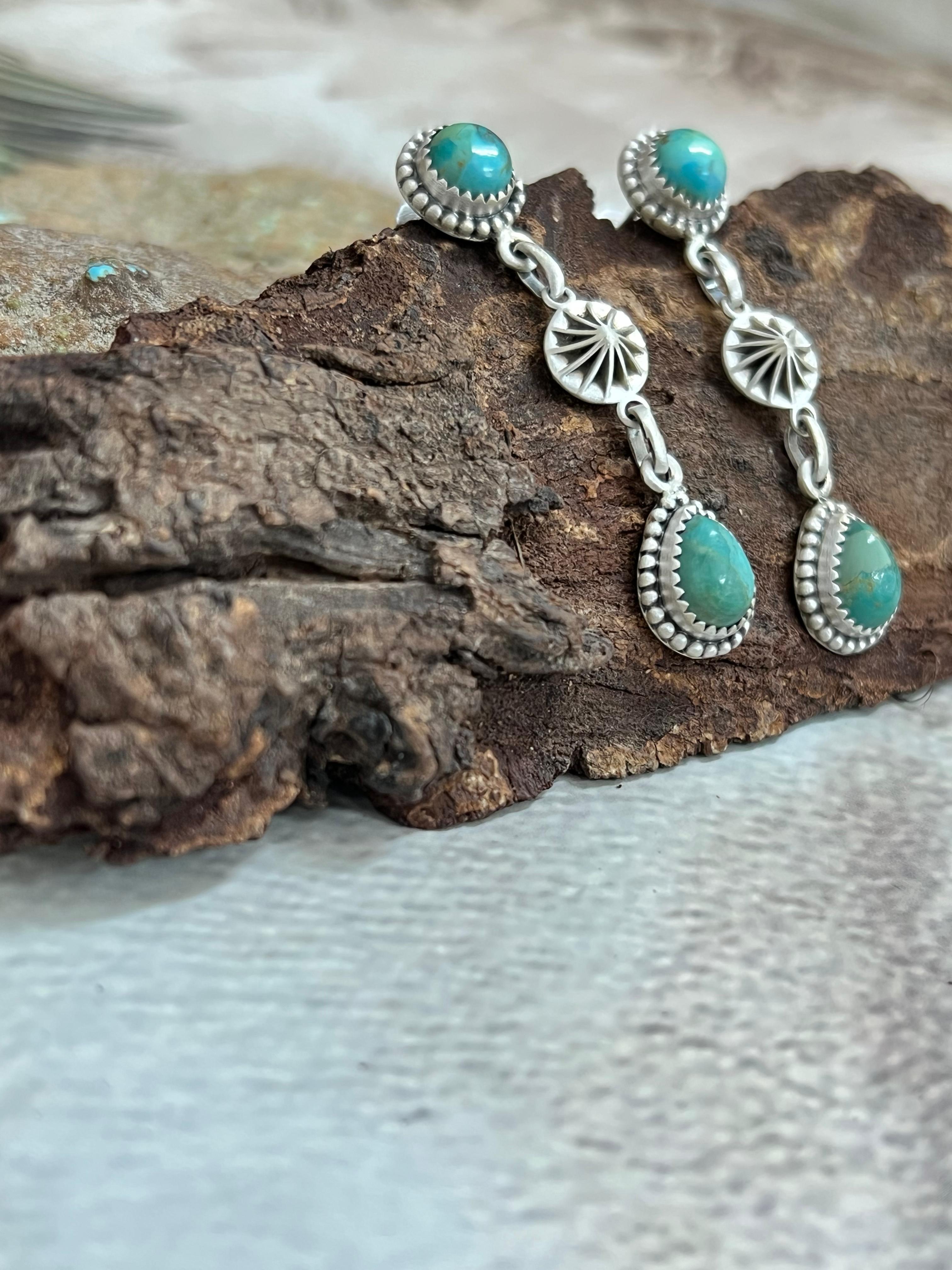 Handmade Sterling Silver Kingman Turquoise Post Dangle Earrings with Signed Nizhoni