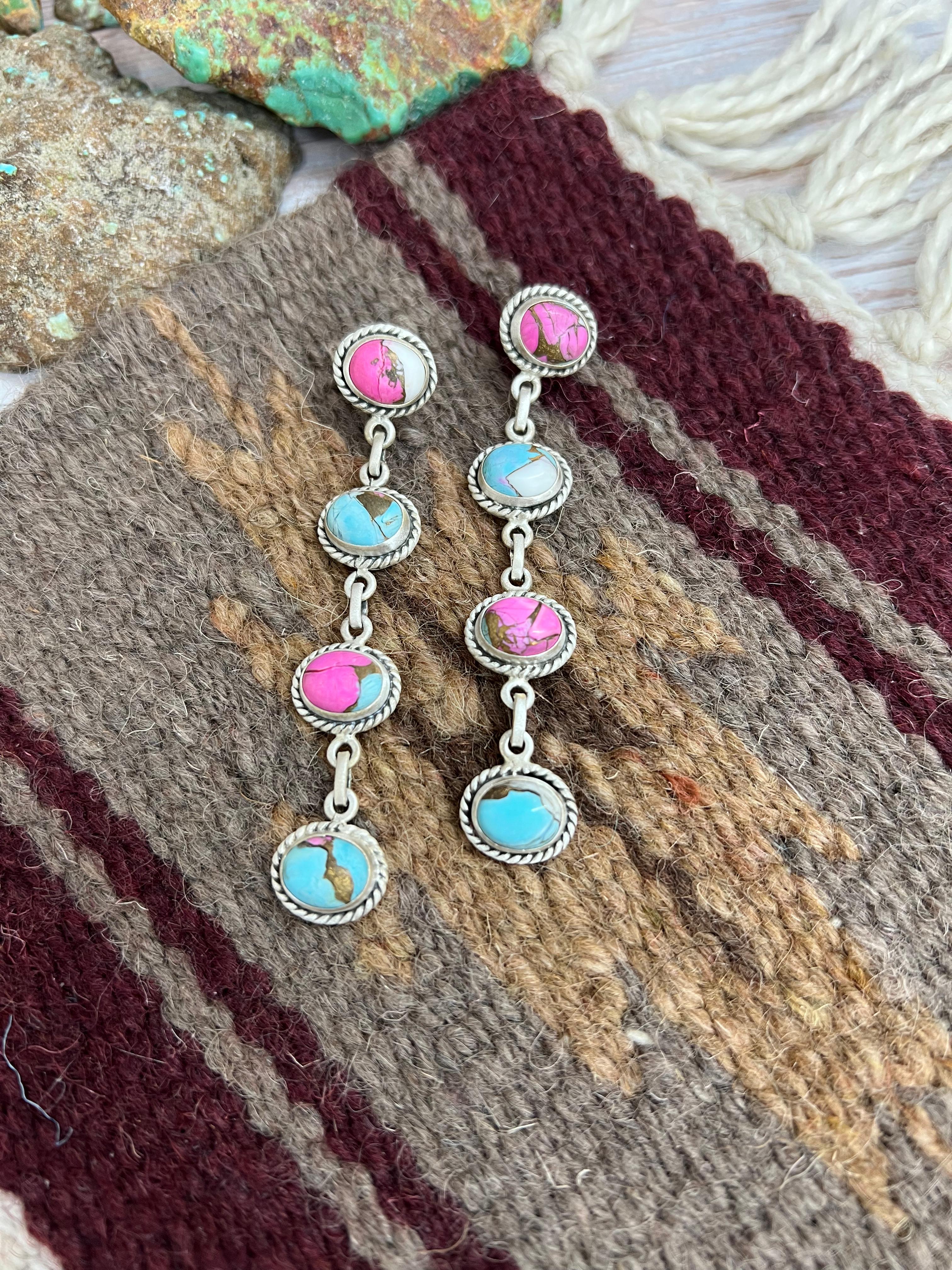Handmade Sterling Silver Cotton Candy Turquoise Post Dangle Earrings with Signed Nizhoni