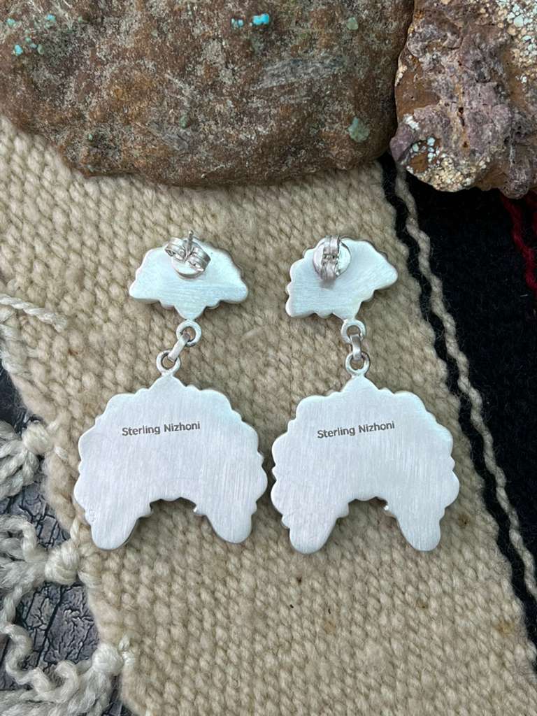 Handmade Sterling Silver Kingman Turquoise Post Dangle Earrings "Signed Nizhoni"