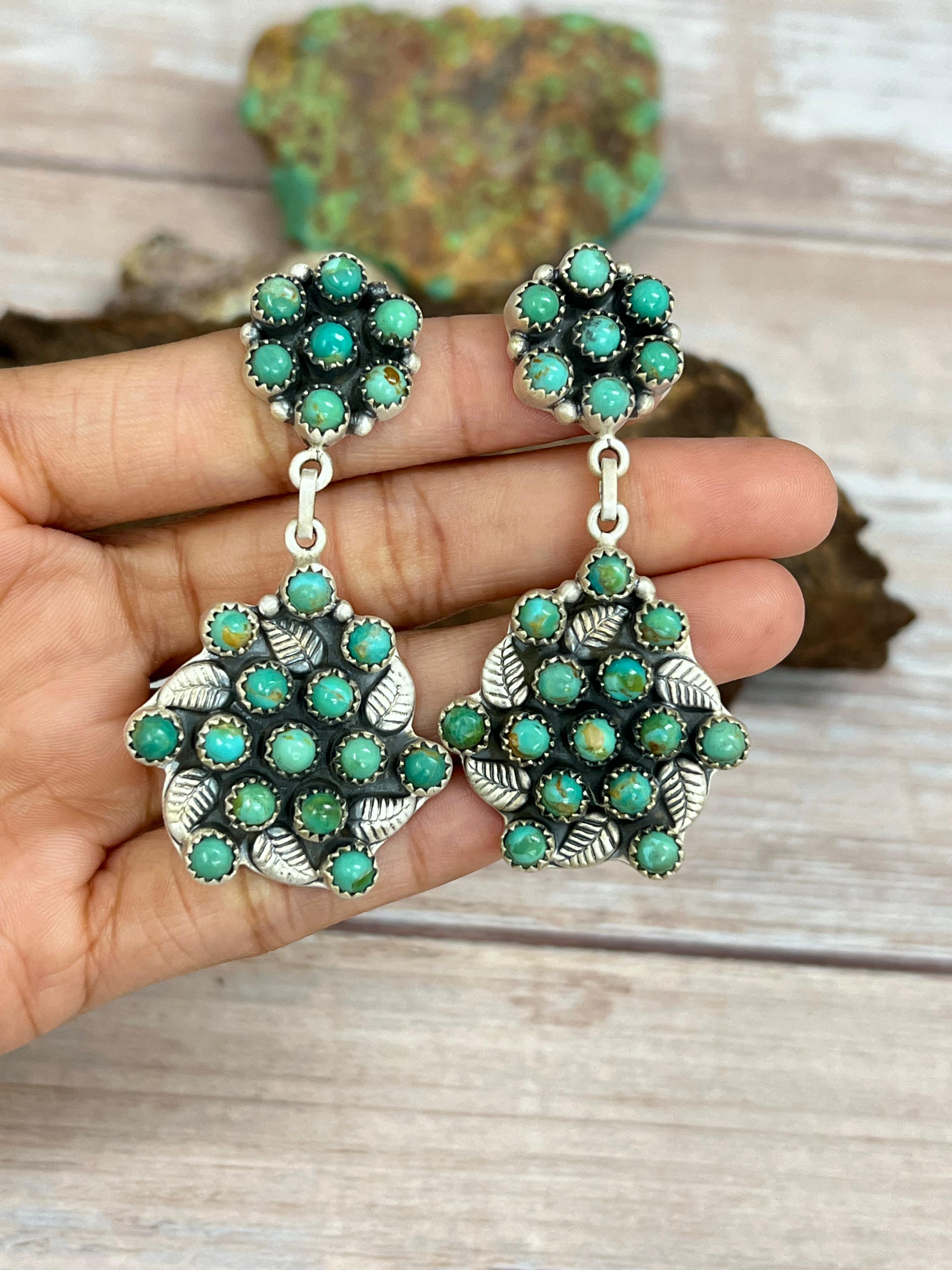 Handmade Sterling Silver Kingman Turquoise Post Dangle Earrings with Signed Nizhoni