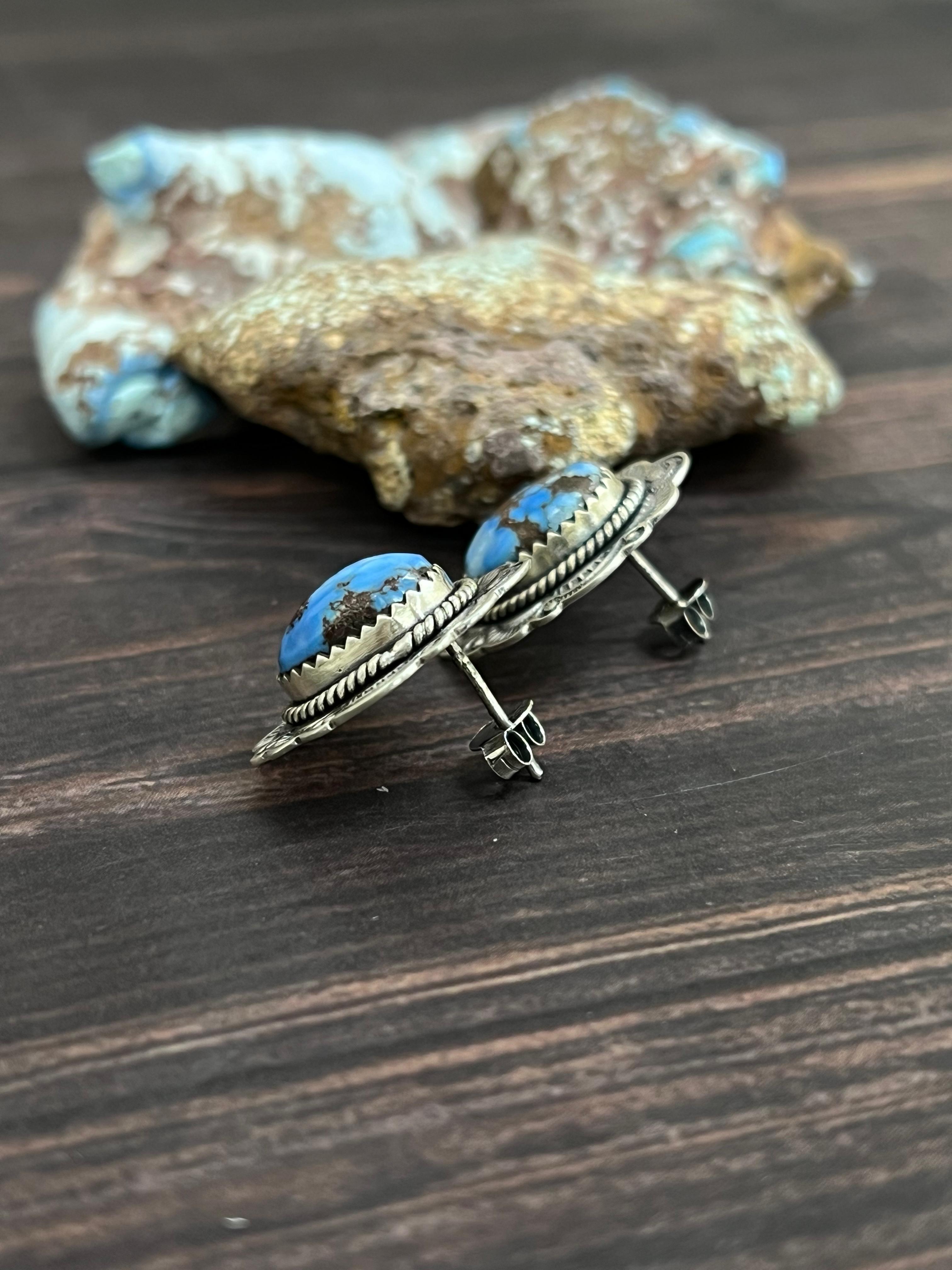 Handmade Sterling Silver Golden Hills Turquoise Post Studs with Signed Nizhoni