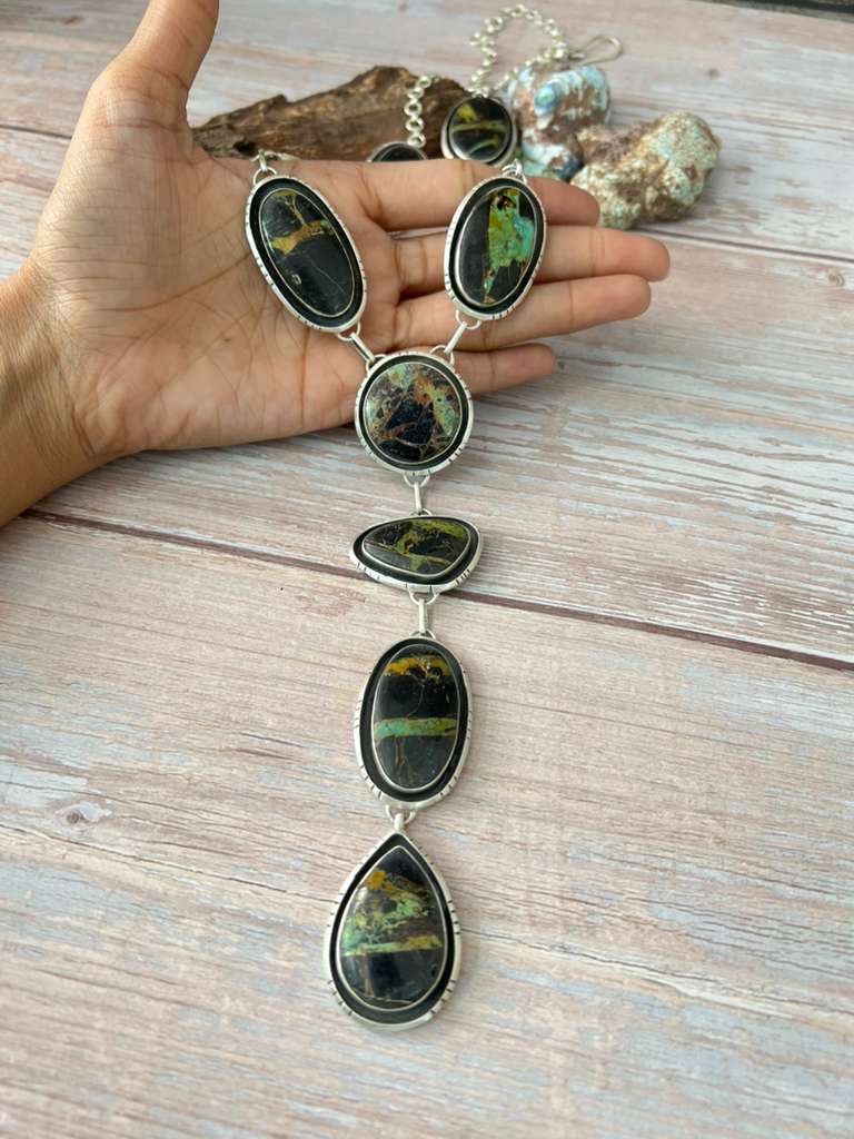 Handmade Sterling Silver Blackjack Turquoise Necklace with Signed Nizhoni