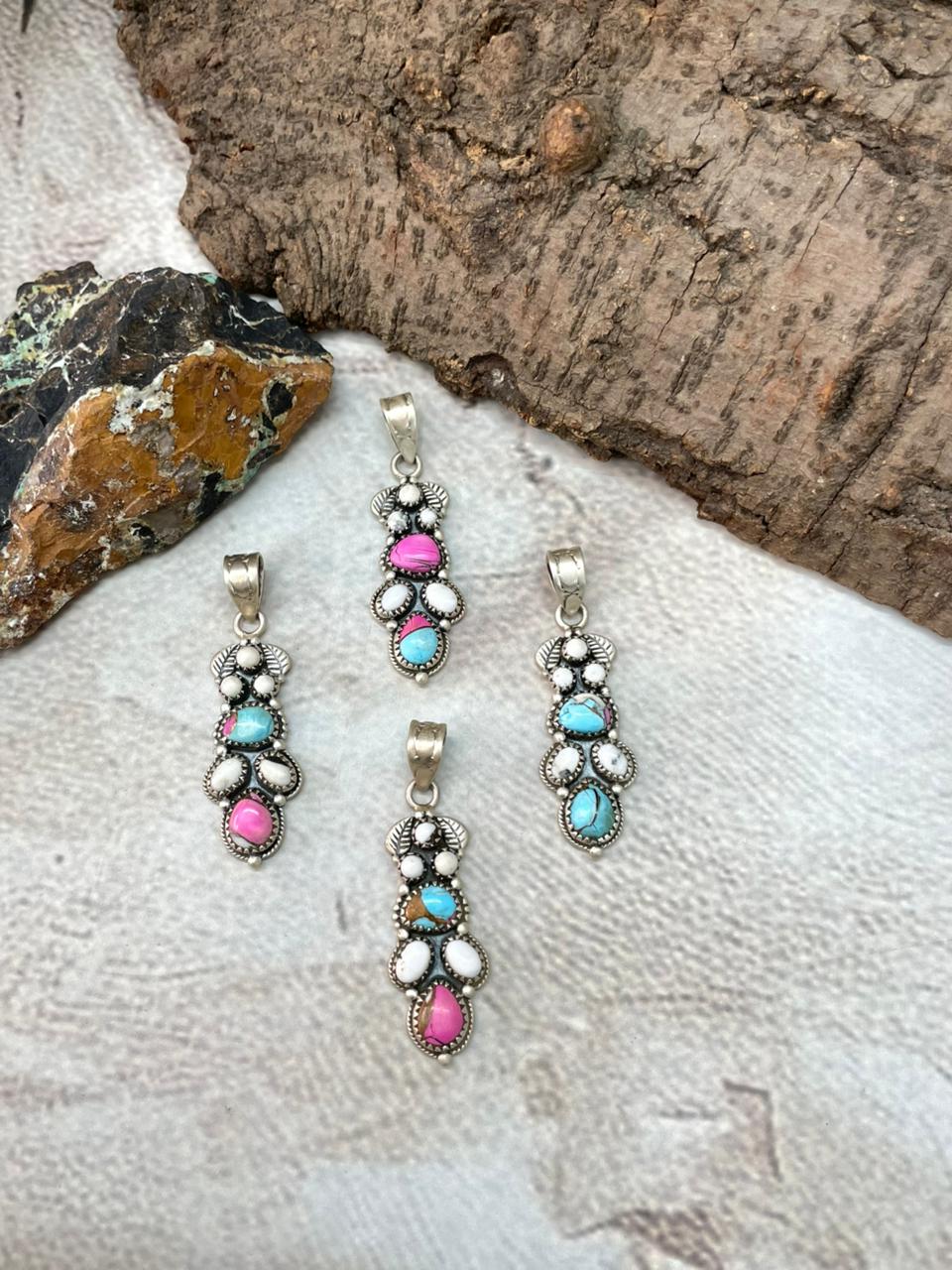 Handmade Sterling Silver White Buffalo with Cotton Candy Pendant "Signed Nizhoni"