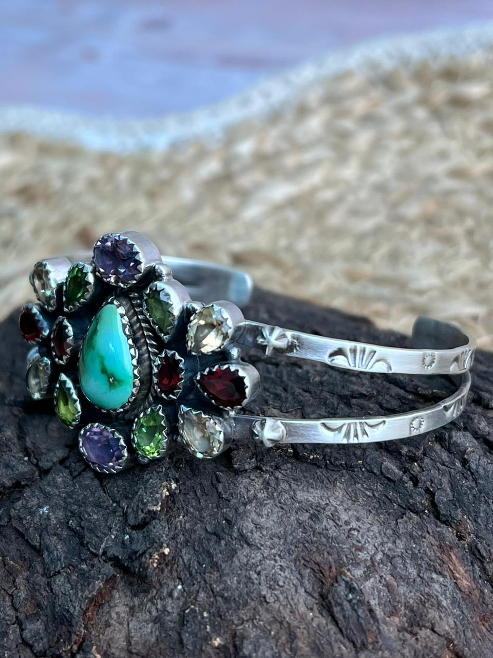 Handmade Sterling Silver Sonoran with Cut Stone Bracelet "Signed Nizhoni"
