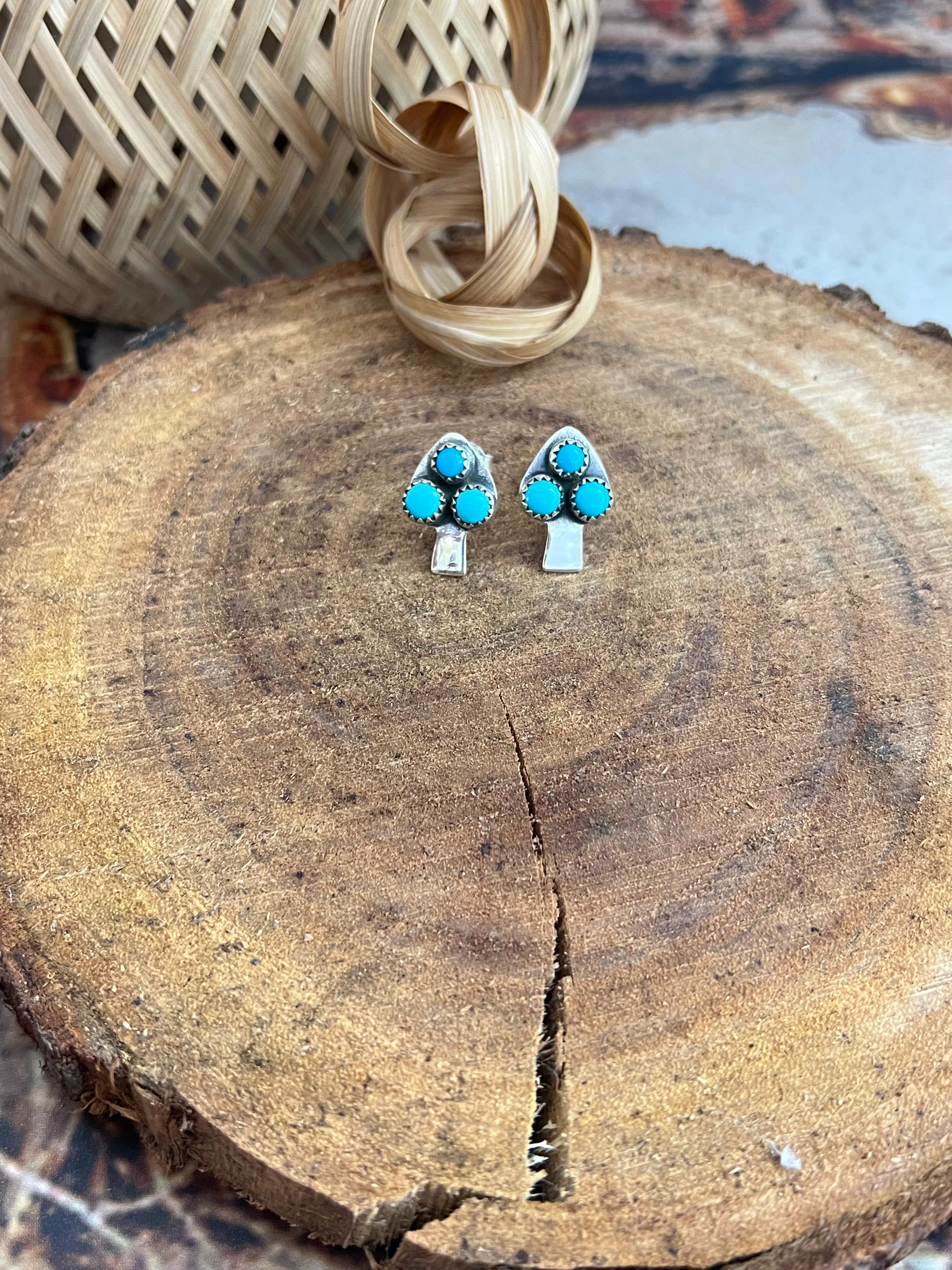Handmade Sterling Silver Kingman Turquoise Post Studs with Signed Nizhoni