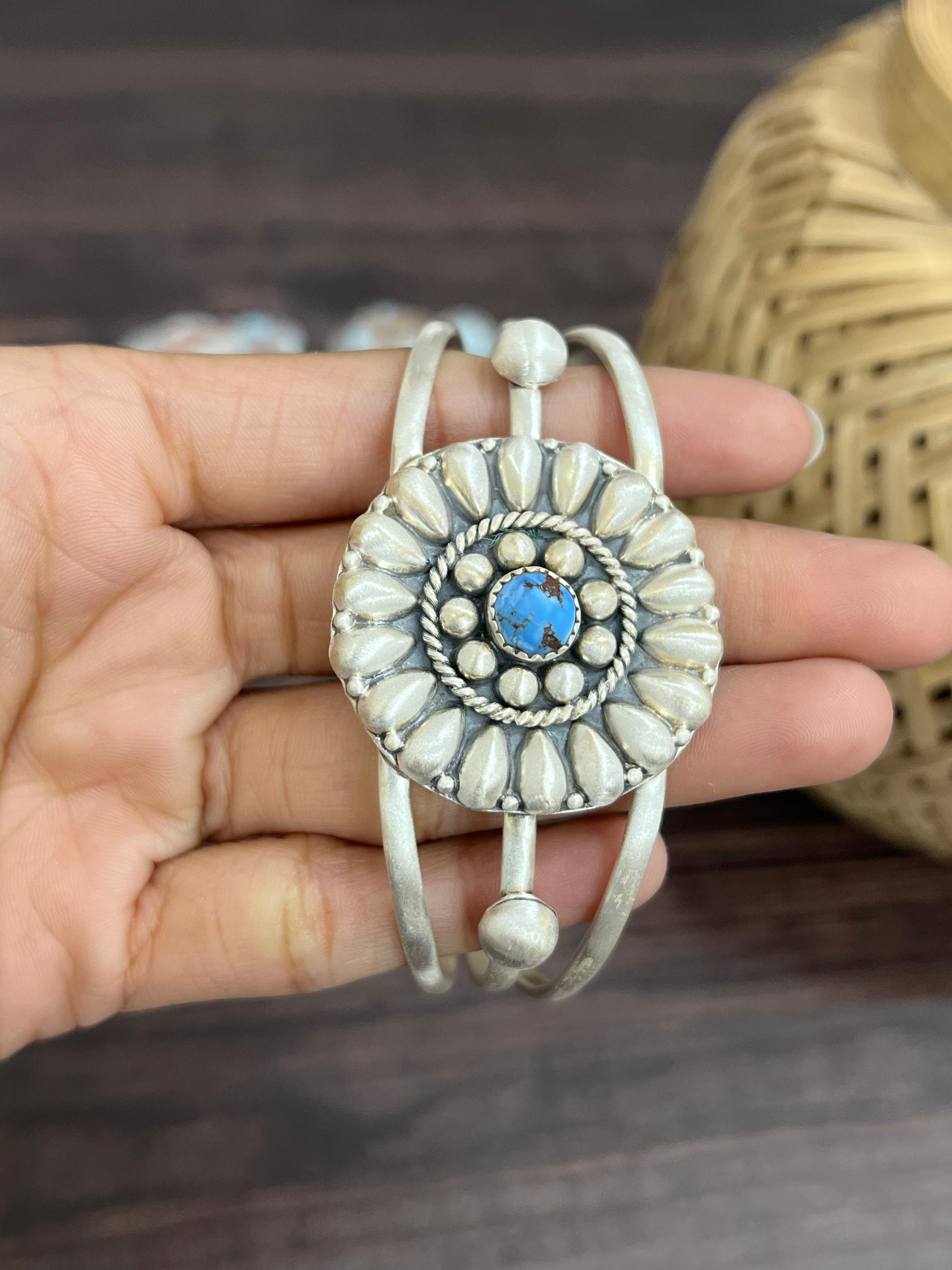 Handmade Sterling Silver Golden Hills Turquoise Cuff Bracelet with Signed Nizhoni