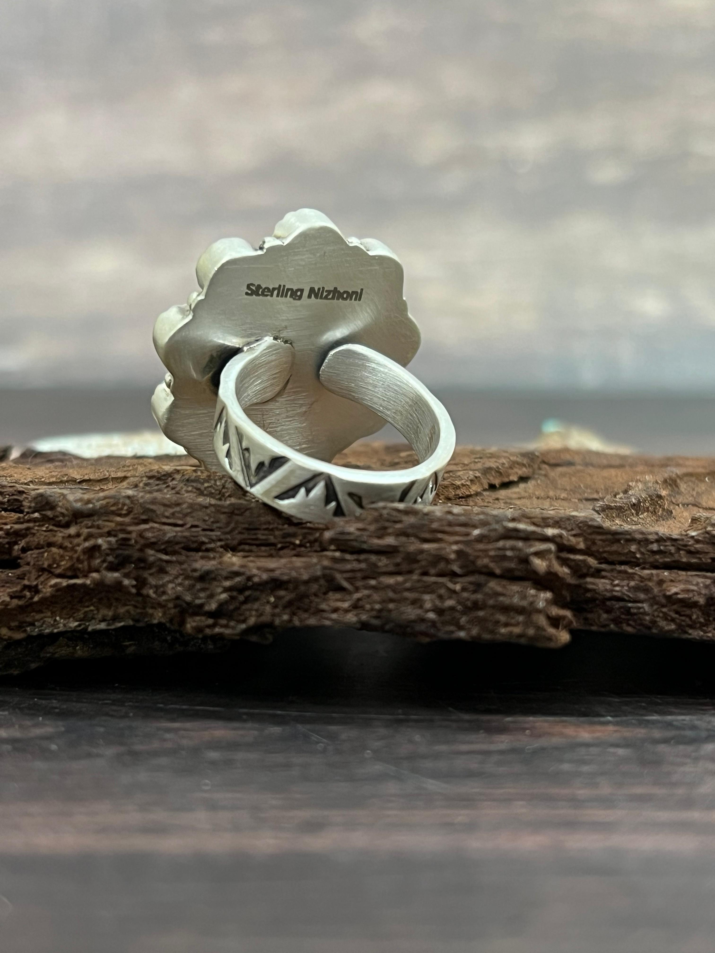 Handmade Sterling Silver Kingman with White Buffalo Turquoise Adjustable Ring with Signed Nizhoni