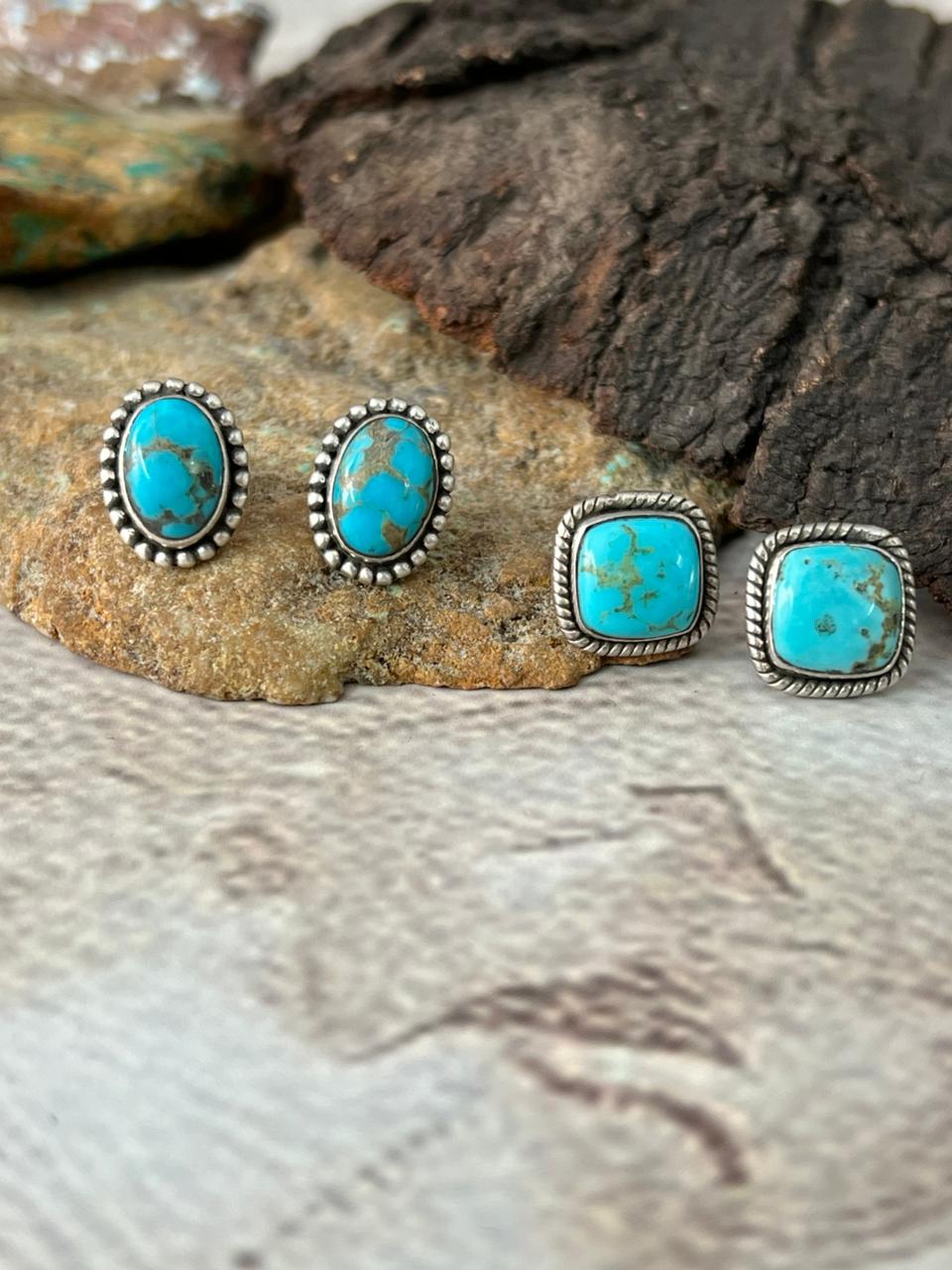 Handmade Sterling Silver Santa Maria Turquoise Post Studs Earrings "Signed Nizhoni"