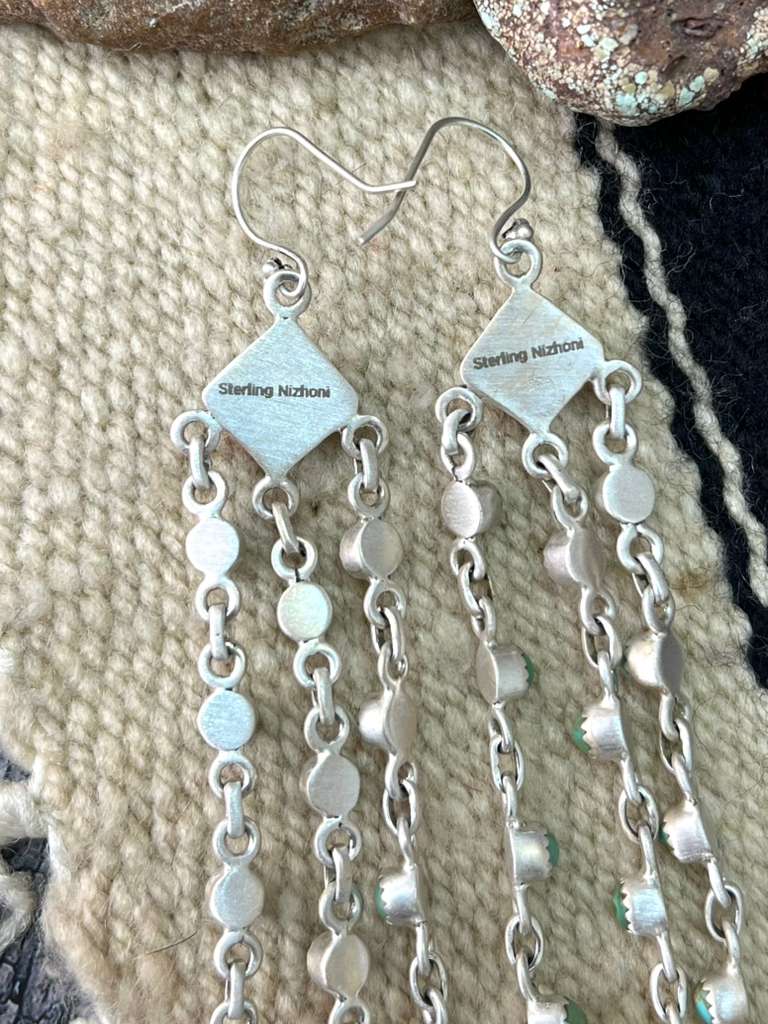 Handmade Sterling Silver Kingman Turquoise Hook Dangle Earrings with Signed Nizhoni