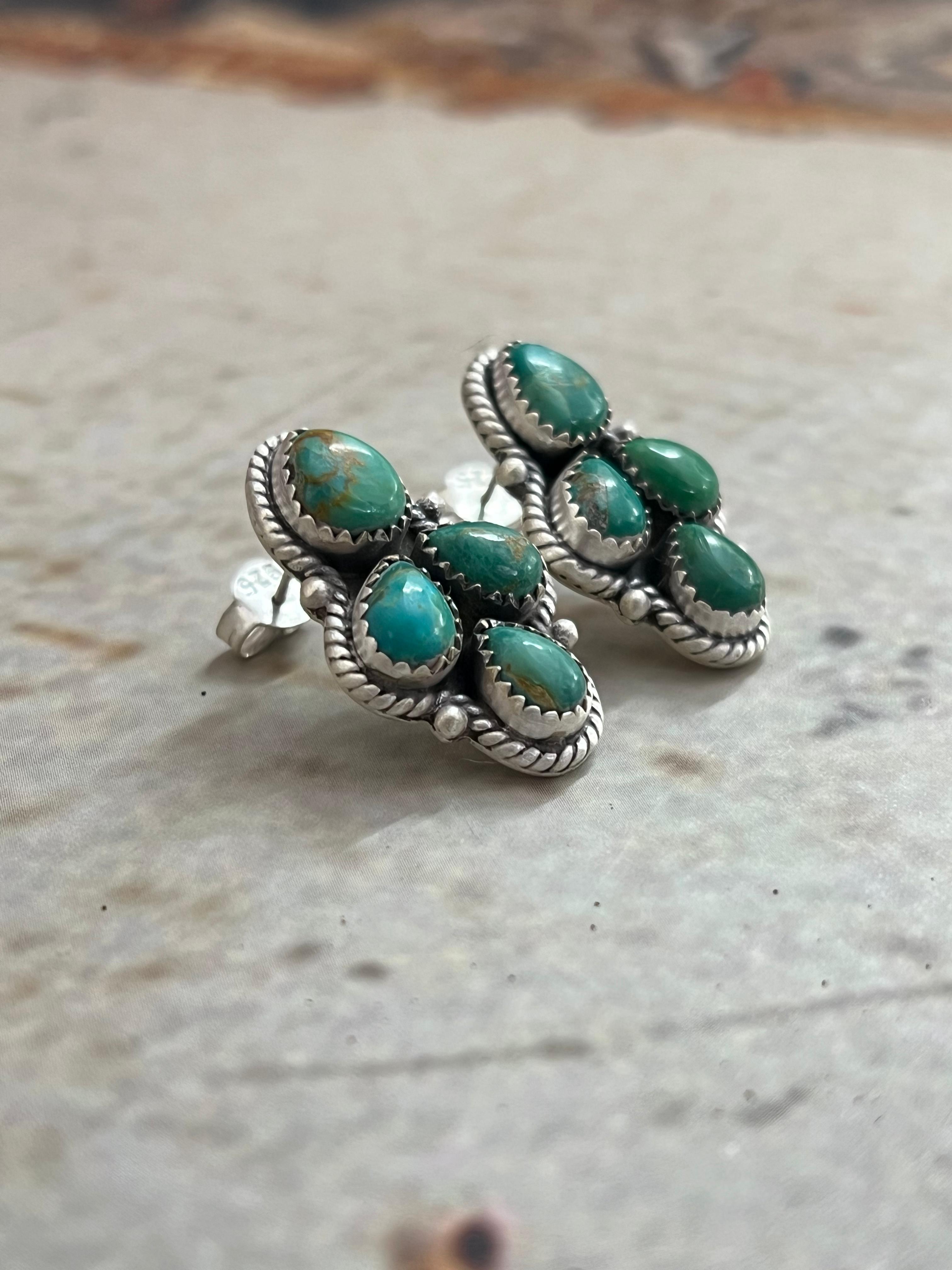 Handmade Sterling Silver Kingman Turquoise Post Studs with Signed Nizhoni