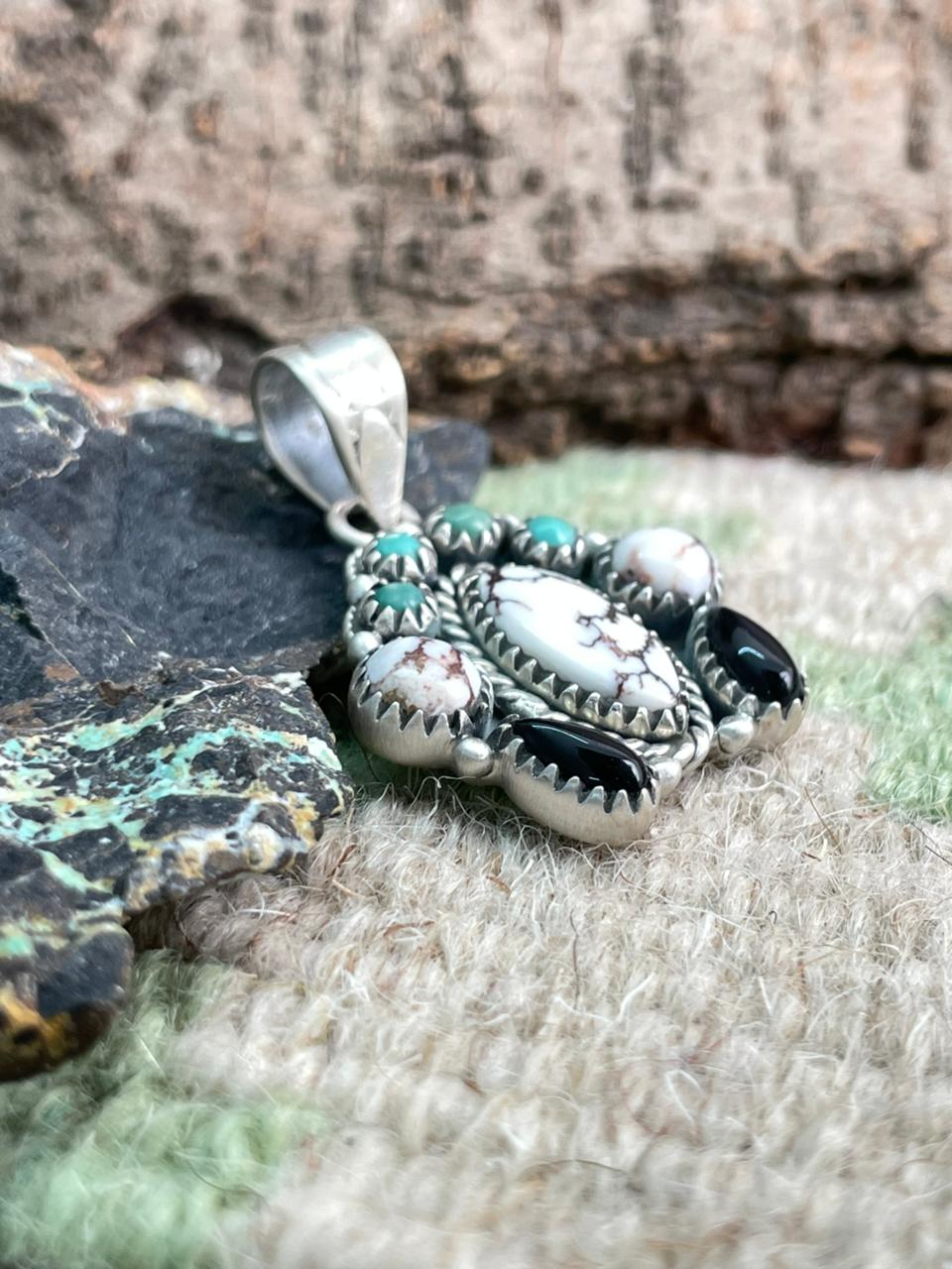 Handmade Sterling Silver Kingman with Wildhorse and Black Onyx Pendant "Signed Nizhoni"