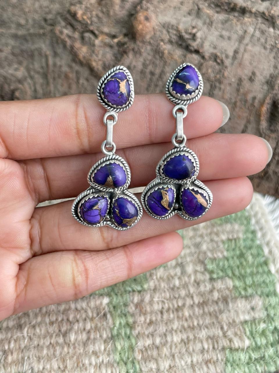 Handmade Sterling Silver Grape Dahlia Post Dangle Earrings "Signed Nizhoni"
