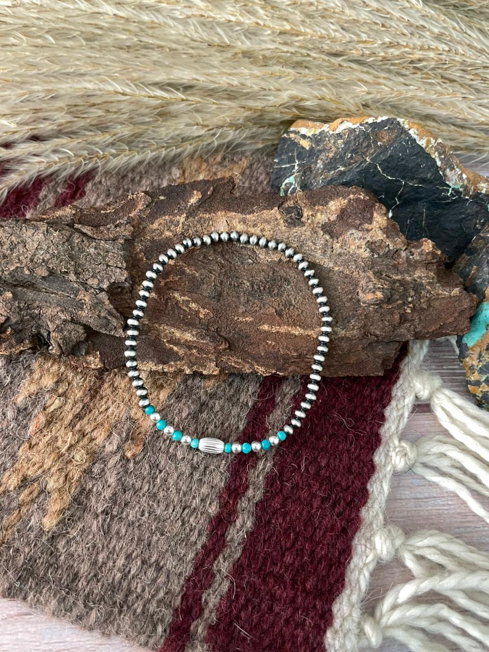 Handmade Sterling Silver Kingman Turquoise Stretch Bracelet