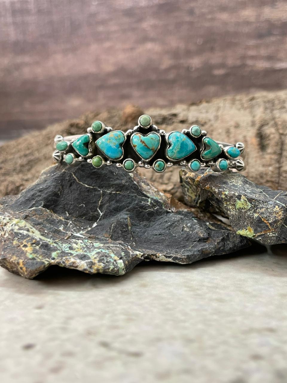 "Heart Collection" Handmade Sterling Silver Kingman Turquoise Bracelet "Signed Nizhoni"