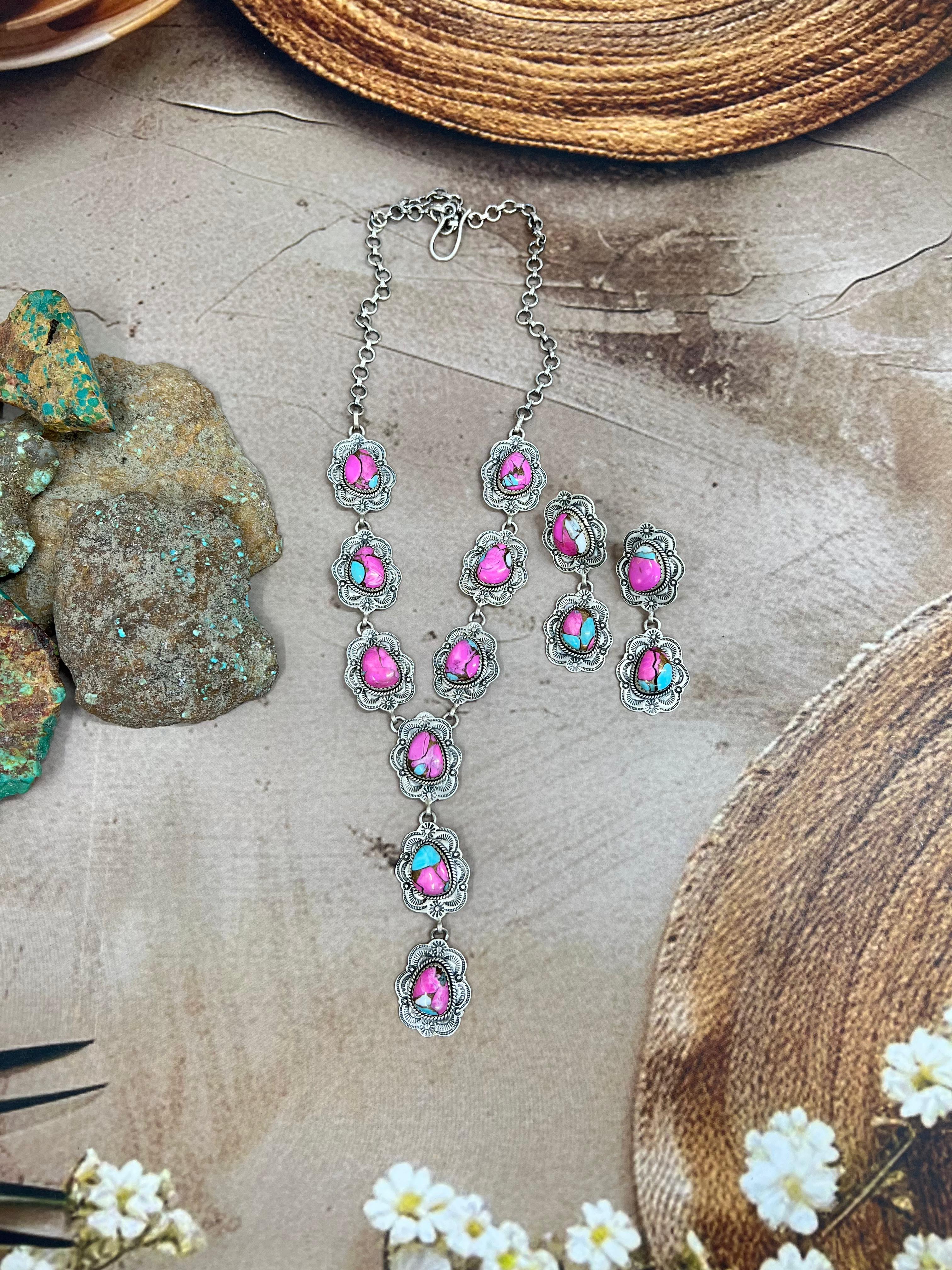 Handmade Sterling Silver Cotton Candy Turquoise Necklace Earrings Set, Signed Nizhoni