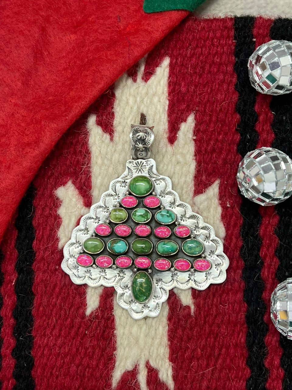 "Christmas Collection" Handmade Sterling Silver Hot Pink with Sonoran Mountain Turquoise Pendant "Signed Nizhoni"