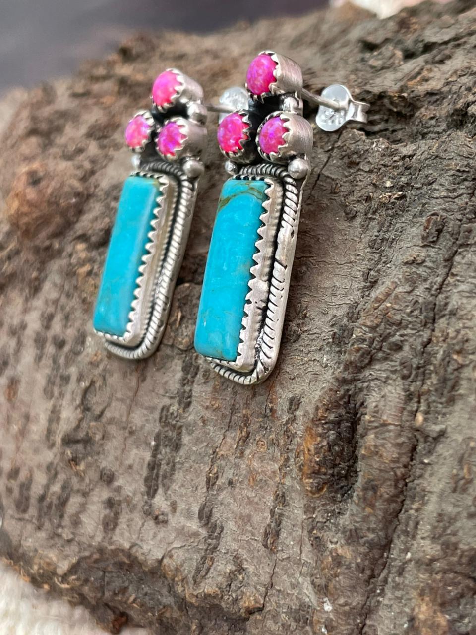 Handmade Sterling Silver Arizona Blue Turquoise with Hot Pink Post Studs Earrings "Signed Nizhoni"