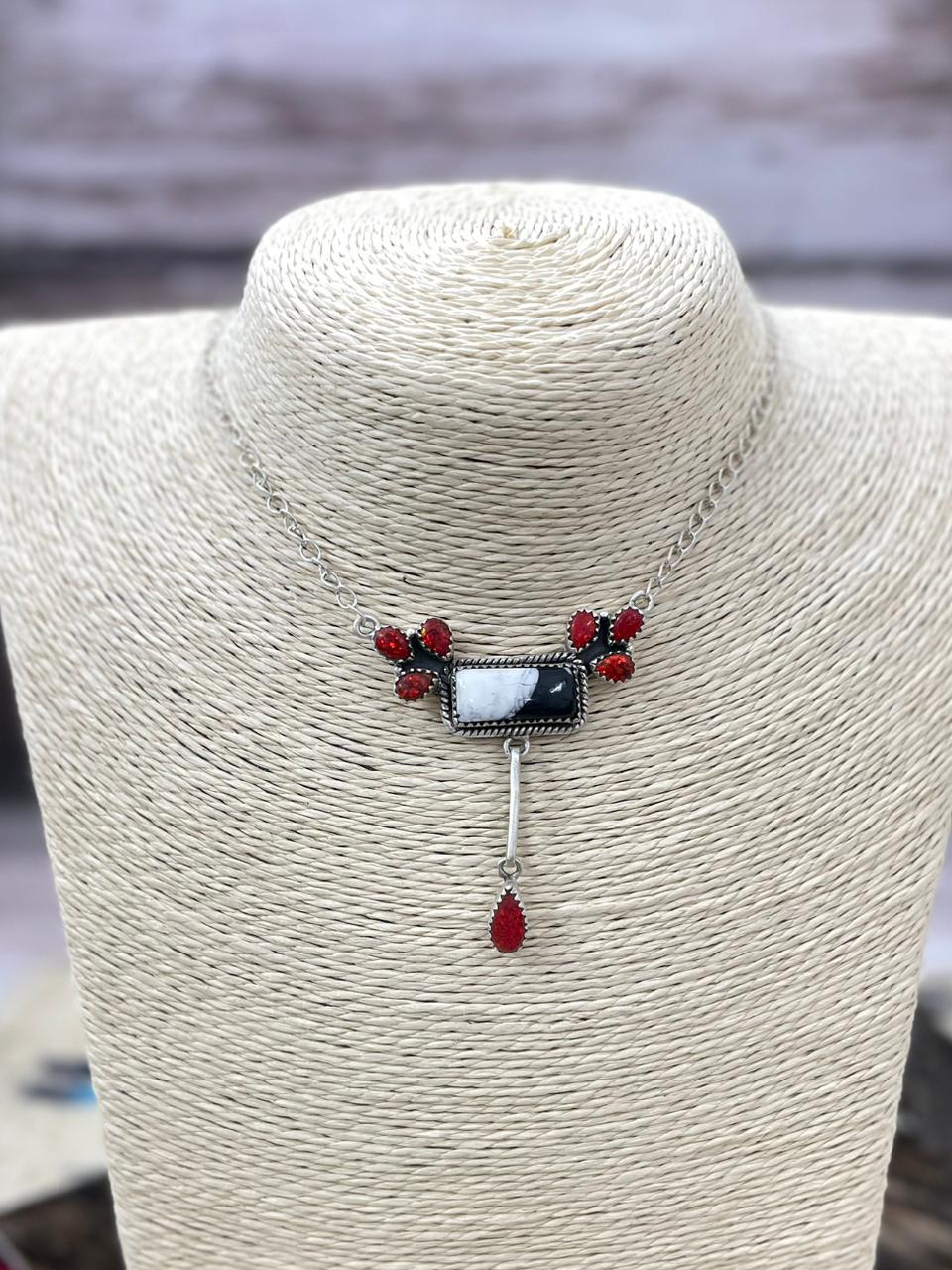 Handmade Sterling Silver White Buffalo with Red Opal Necklace "Signed Nizhoni"