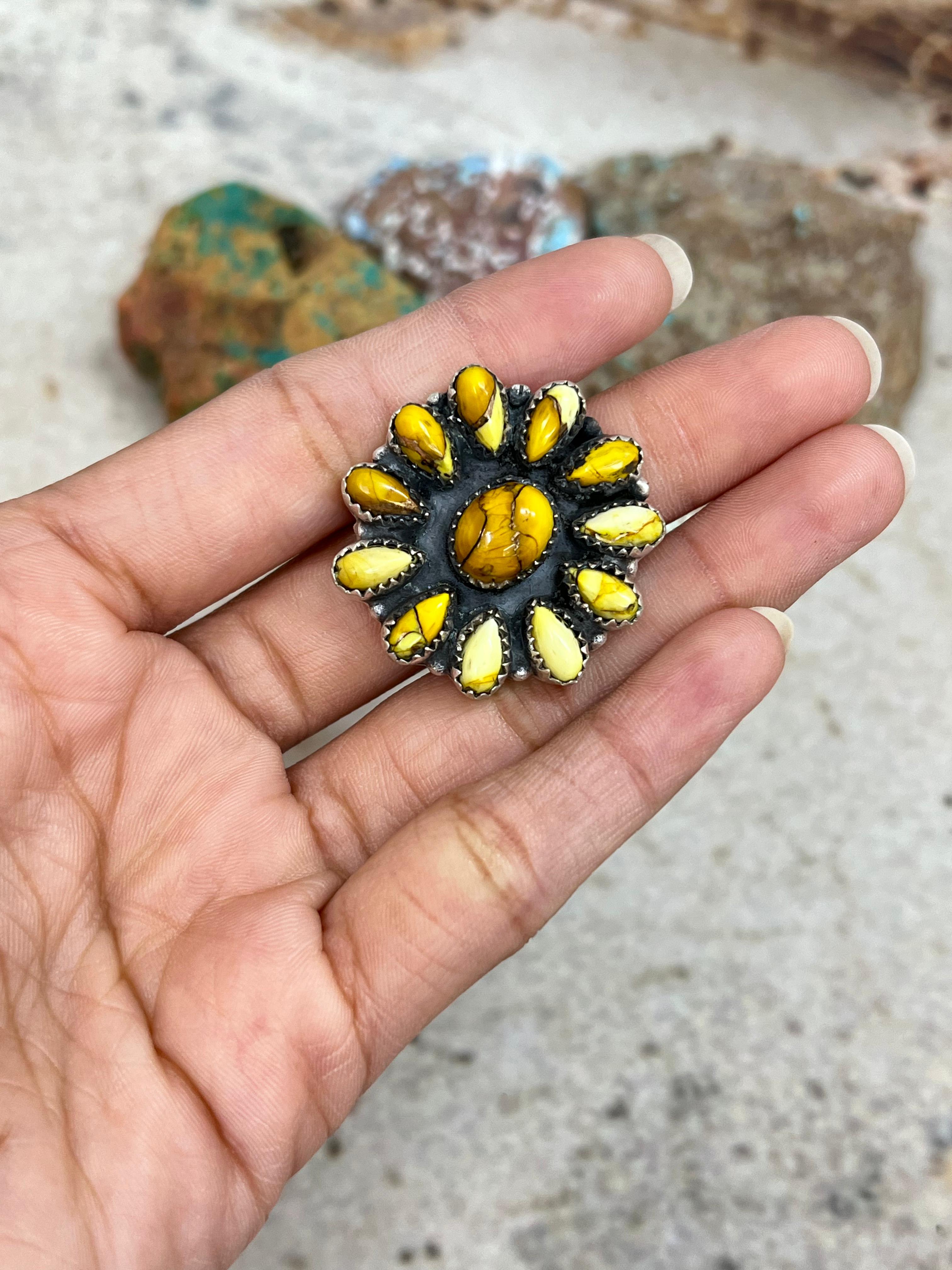 Handmade Sterling Silver Honey Dahlia Adjustable Ring with Signed Nizhoni