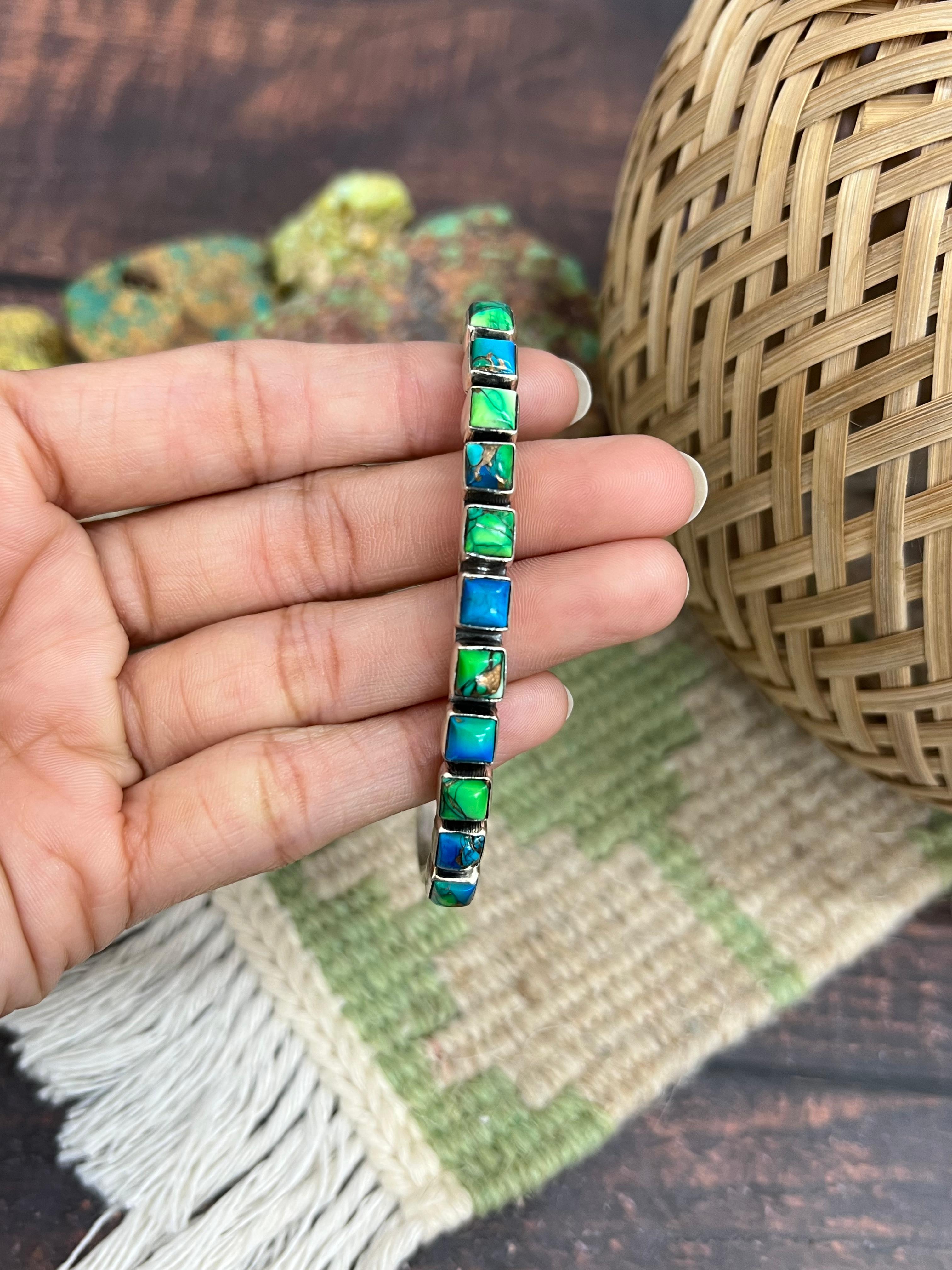 Handmade Sterling Silver Peacock Dahlia Cuff Bracelet with Signed Nizhoni
