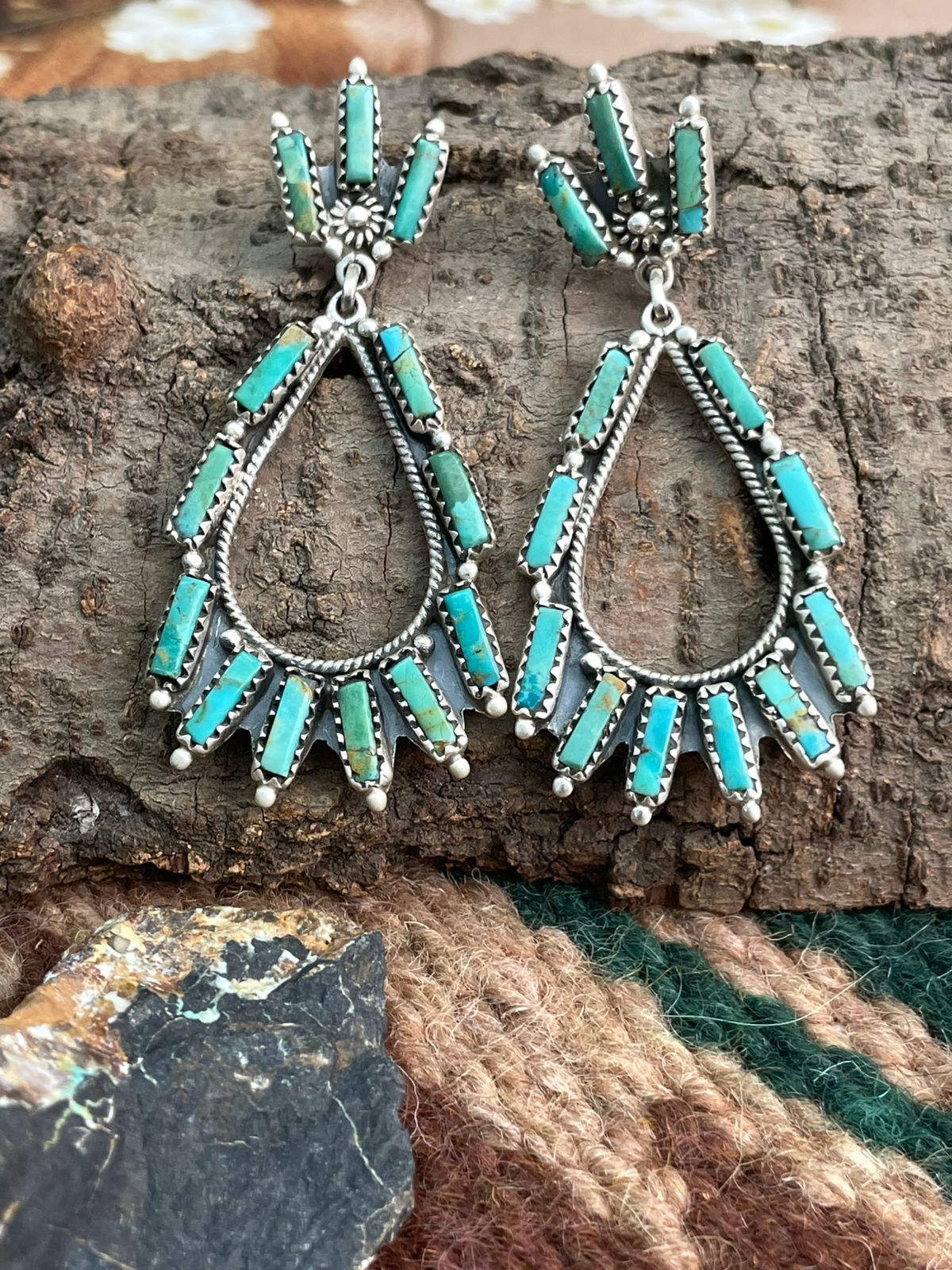 Handmade Sterling Silver Kingman Turquoise Post Dangle Earrings "Signed Nizhoni"