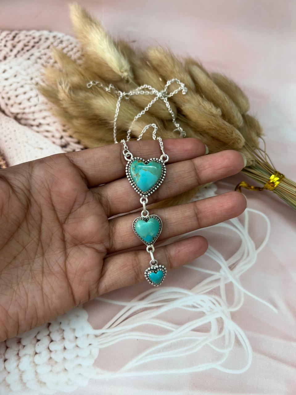 Handmade Sterling Silver Kingman Turquoise Heart Necklace "Signed Nizhoni"