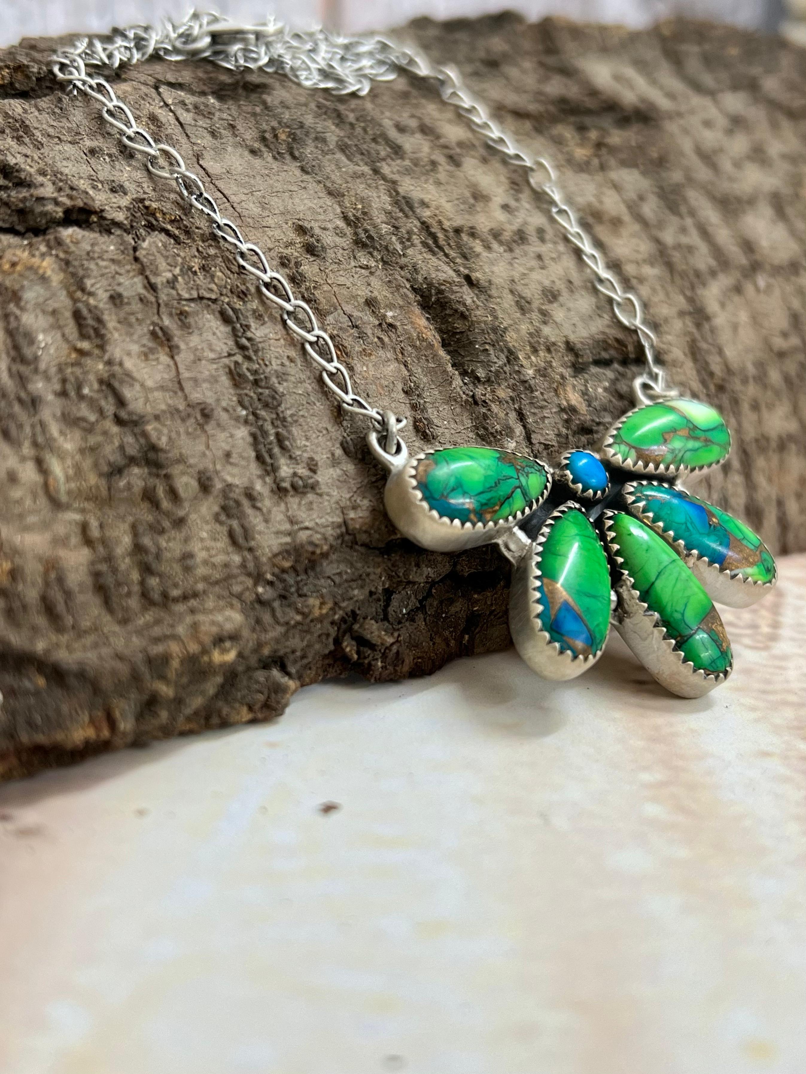 Handmade Sterling Silver Peacock Dahlia Necklace with Signed Nizhoni