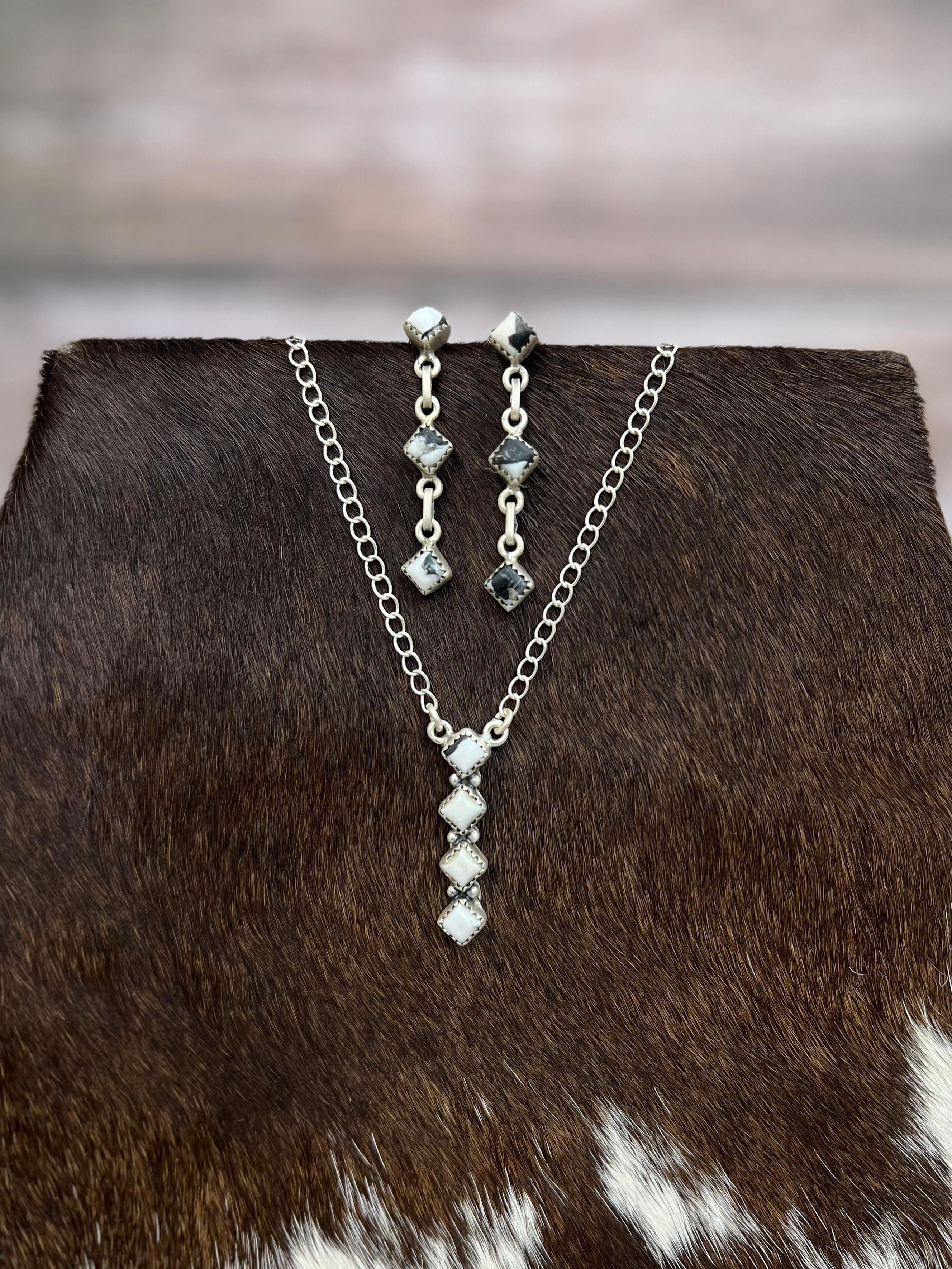 Handmade Sterling Silver White Buffalo Necklace & Earrings Set Signed Nizhoni