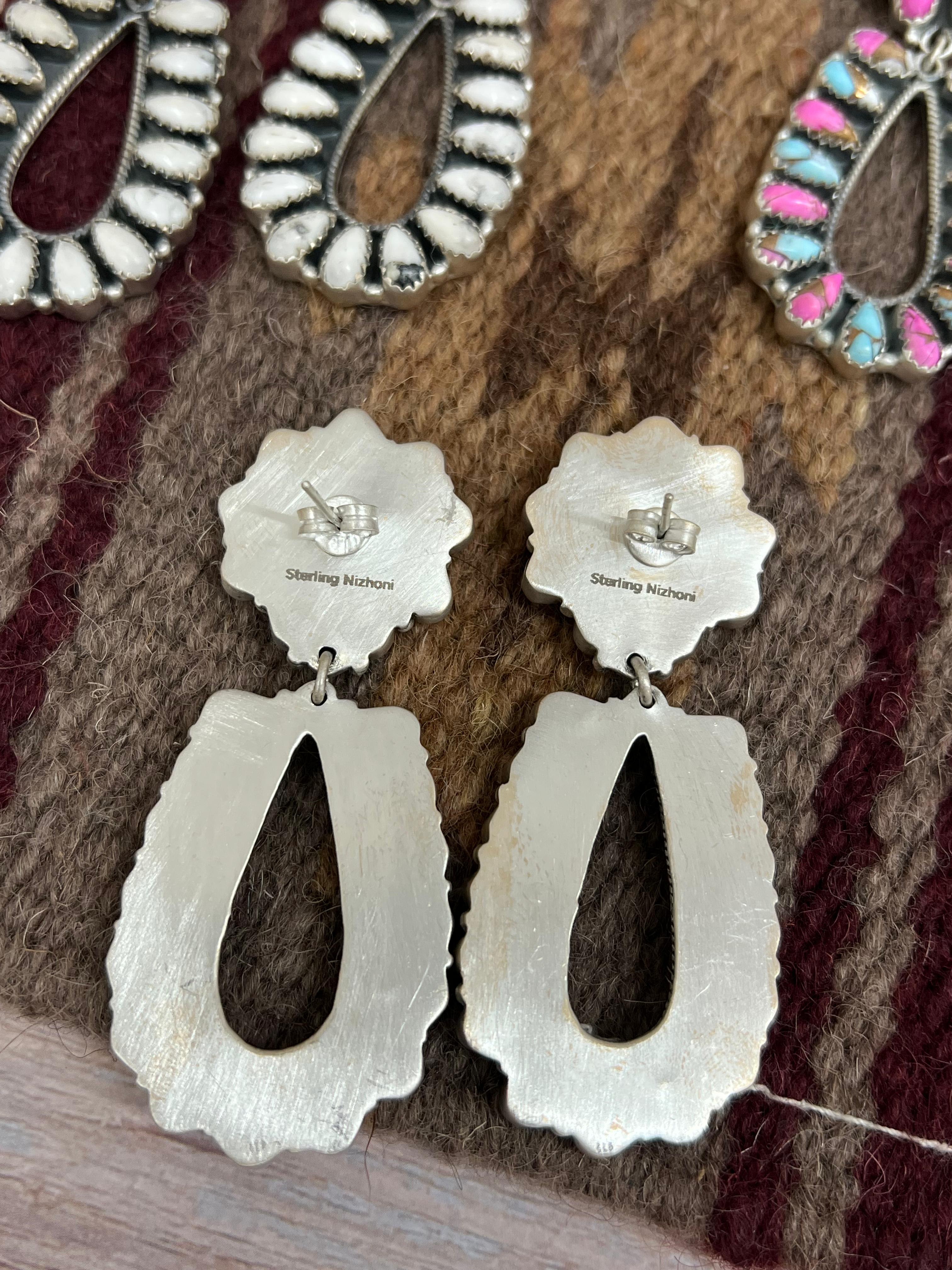 Handmade Sterling Silver White Buffalo, Dahlia Rose, Cotton Candy Turquoise Dangle Earrings, Signed Nizhoni