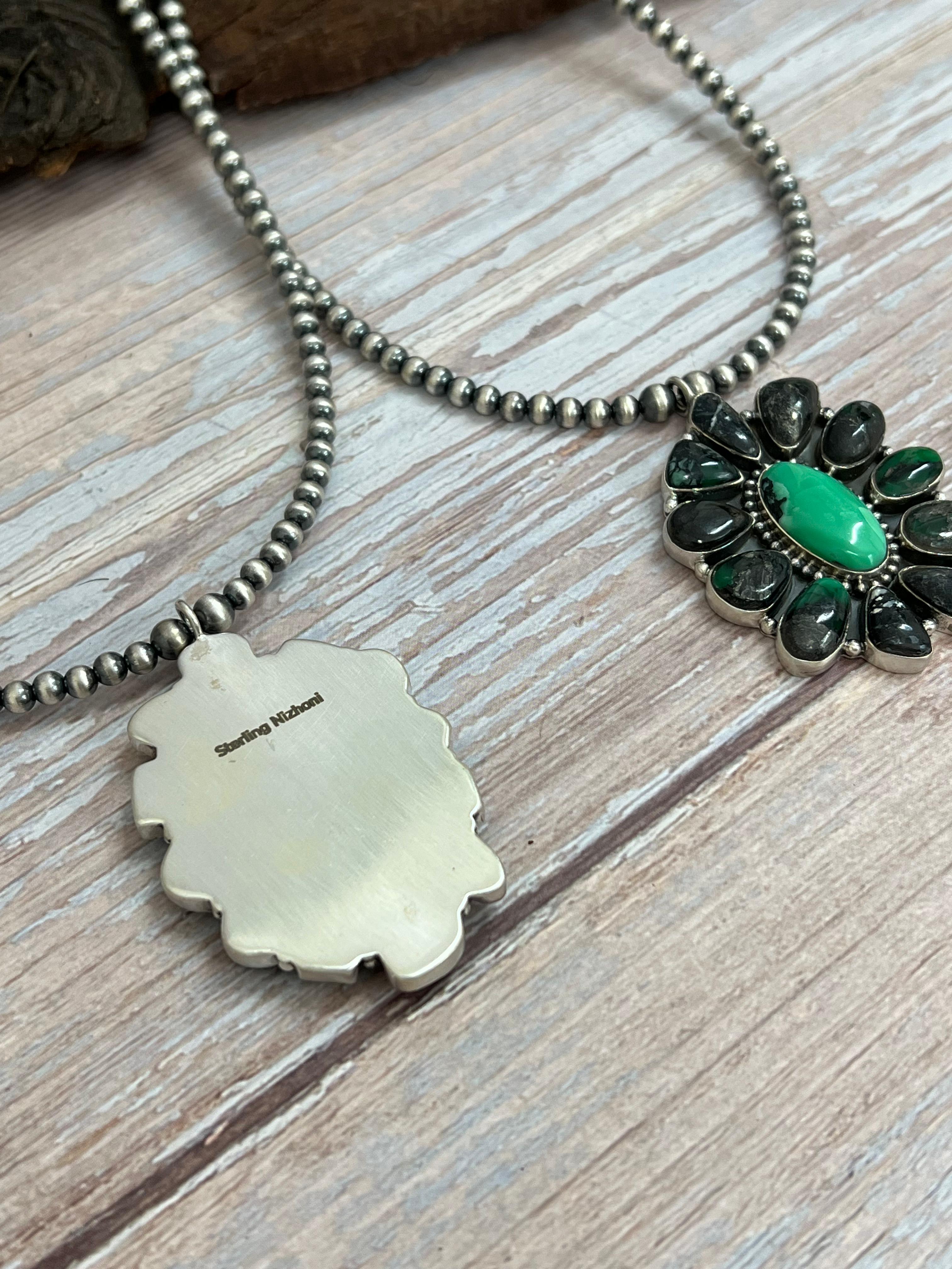 Handmade Sterling Silver Emerald Rose Beaded Necklace with Signed Nizhoni