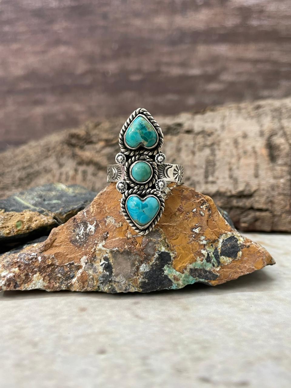 "Heart Collection" Handmade Sterling Silver Kingman Turquoise Adjustable Ring "Signed Nizhoni"