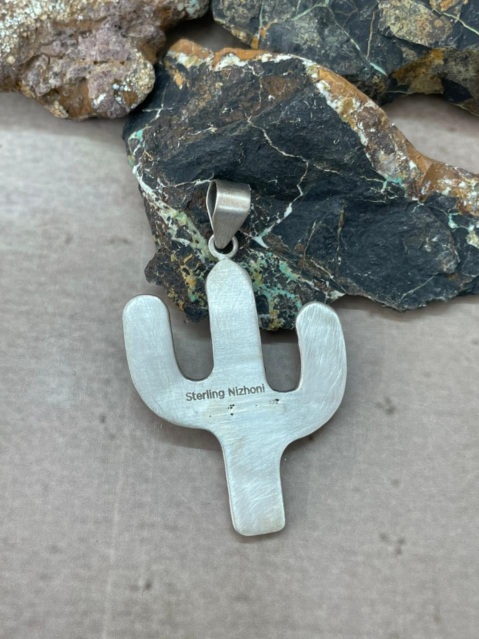 Handmade Sterling Silver Kingman Turquoise Cactus Pendant "Signed Nizhoni" (10)