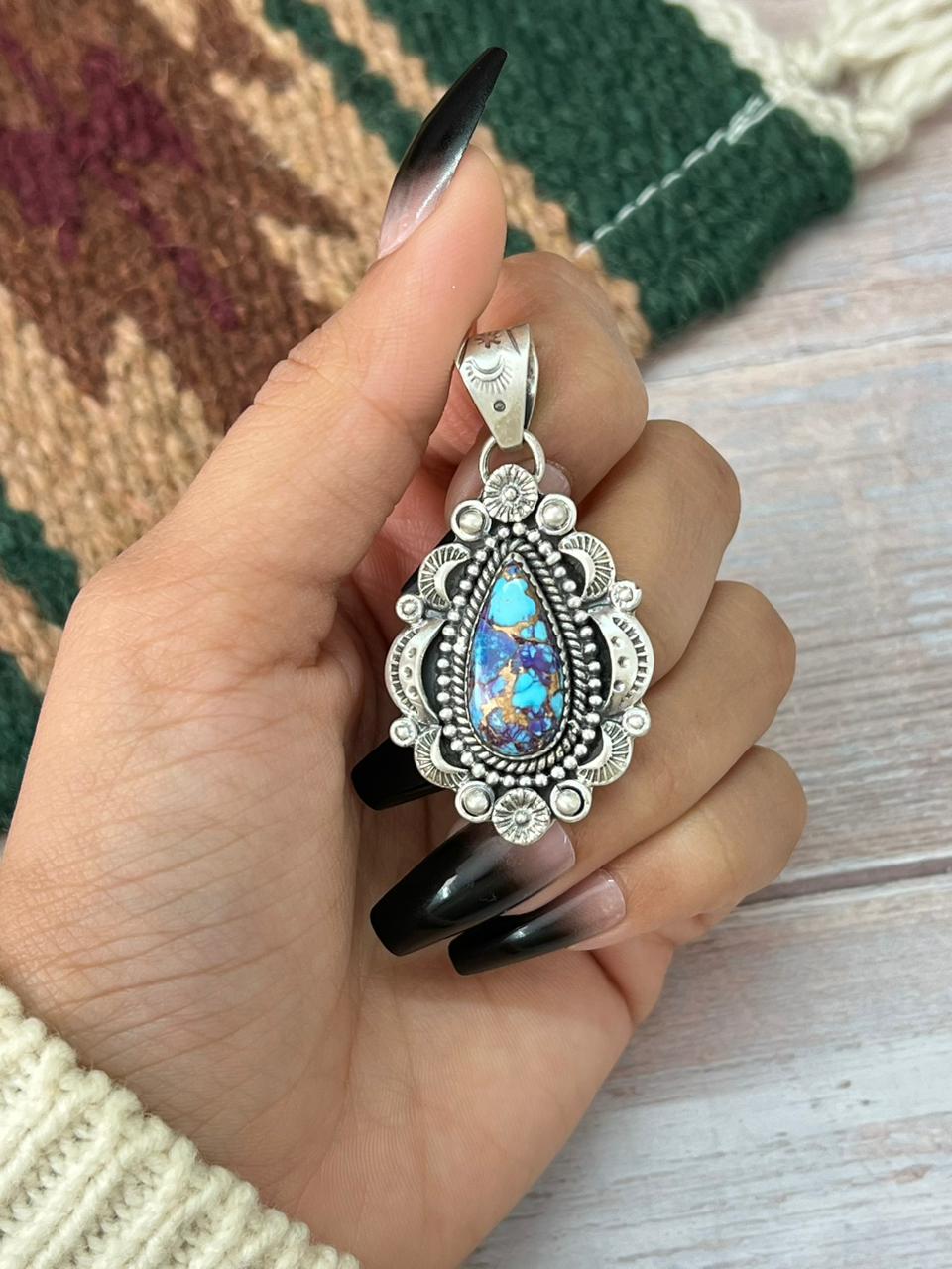 Handmade Sterling Silver Purple Copper Turquoise Pendant "Signed Nizhoni"