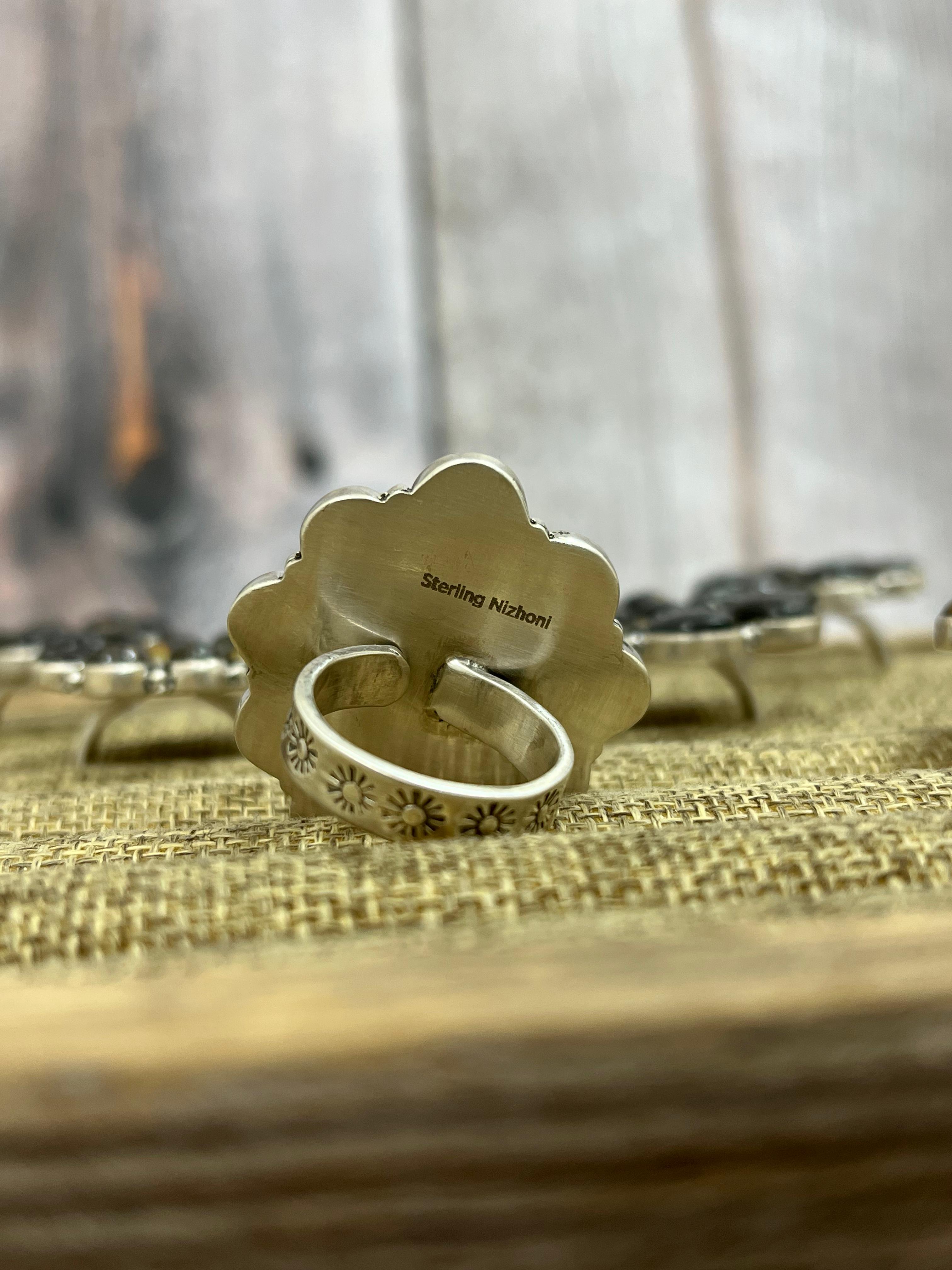 Handmade Sterling Silver Blackjack Turquoise Adjustable Ring Signed Nizhoni