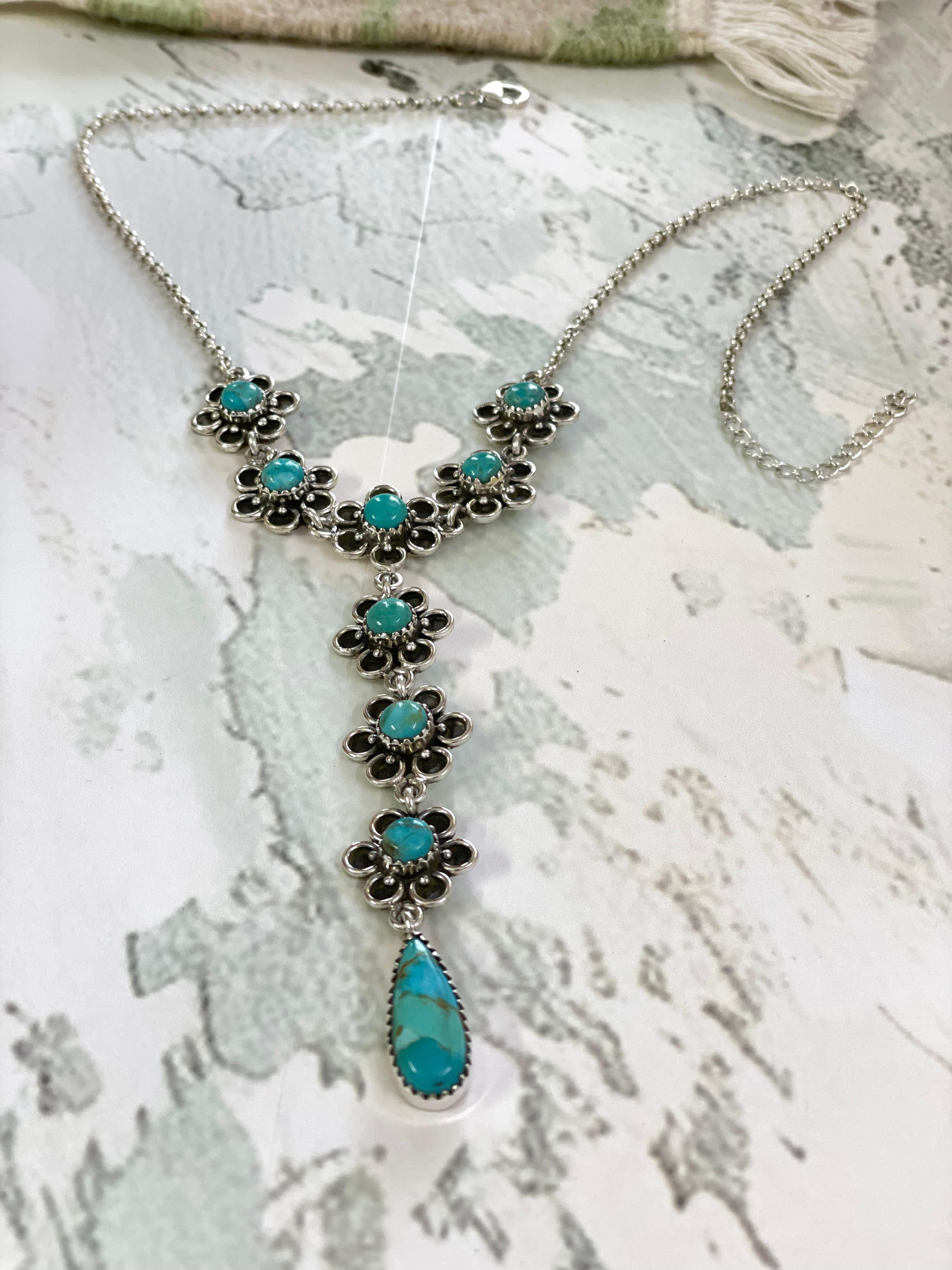 Handmade Sterling Silver Kingman Turquoise Necklace with Signed Nizhoni