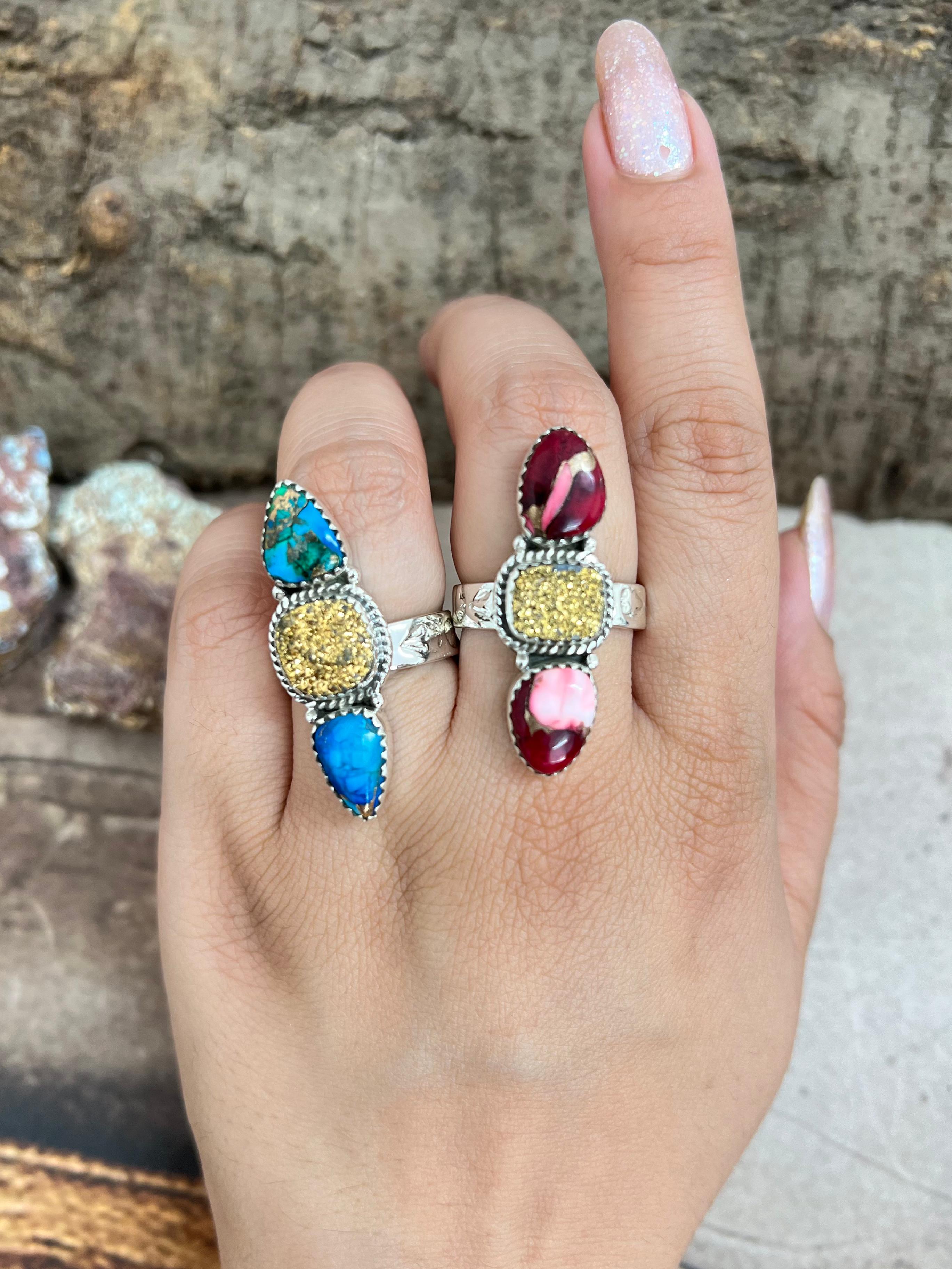 Handmade Sterling Silver Dahlia Rose with Druzy, Peacock Dahlia with Druzy Adjustable Ring, Signed Nizhoni