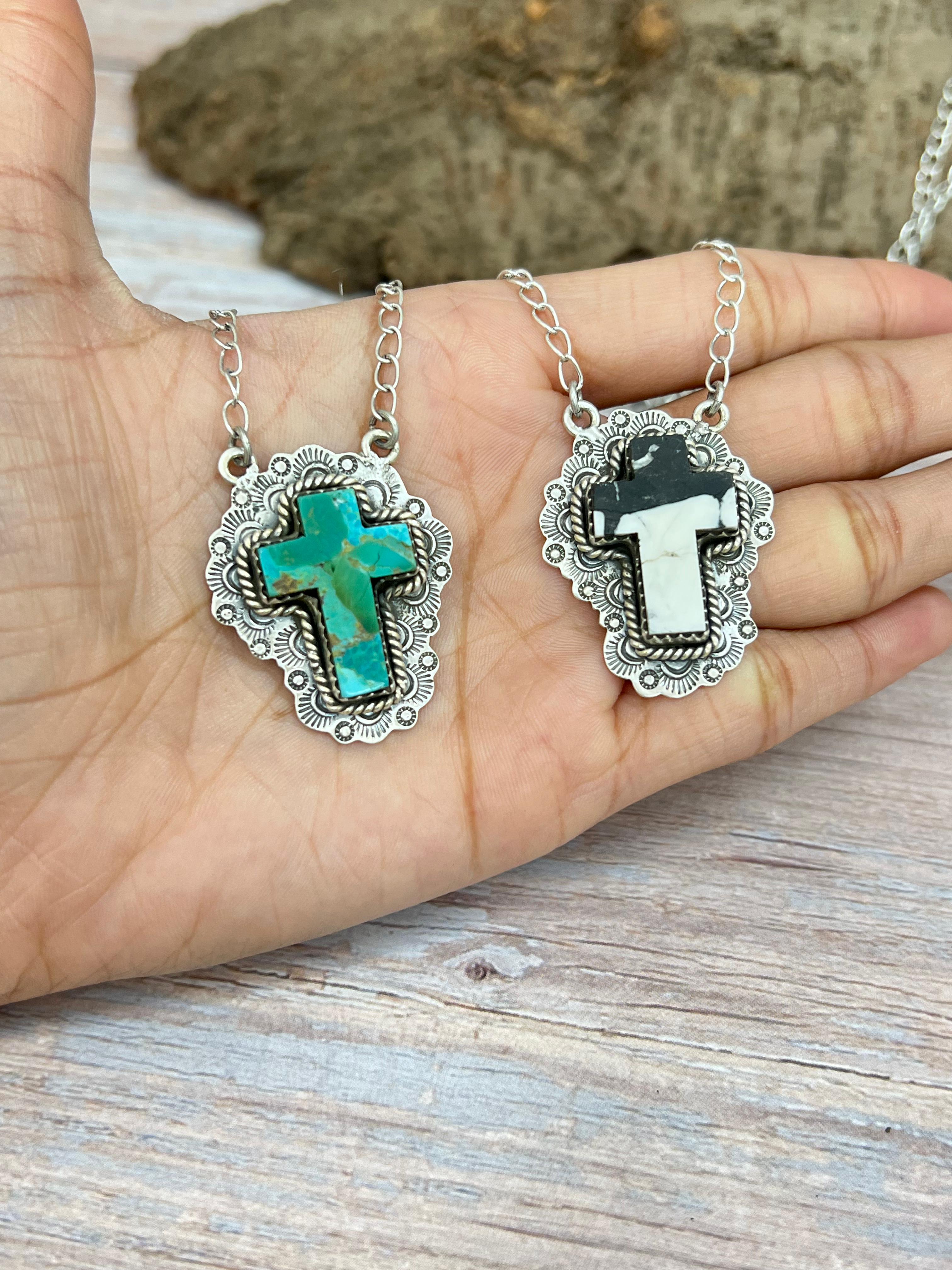 Handmade Sterling Silver White Buffalo, Kingman Turquoise Cross Necklace Signed Nizhoni (1)