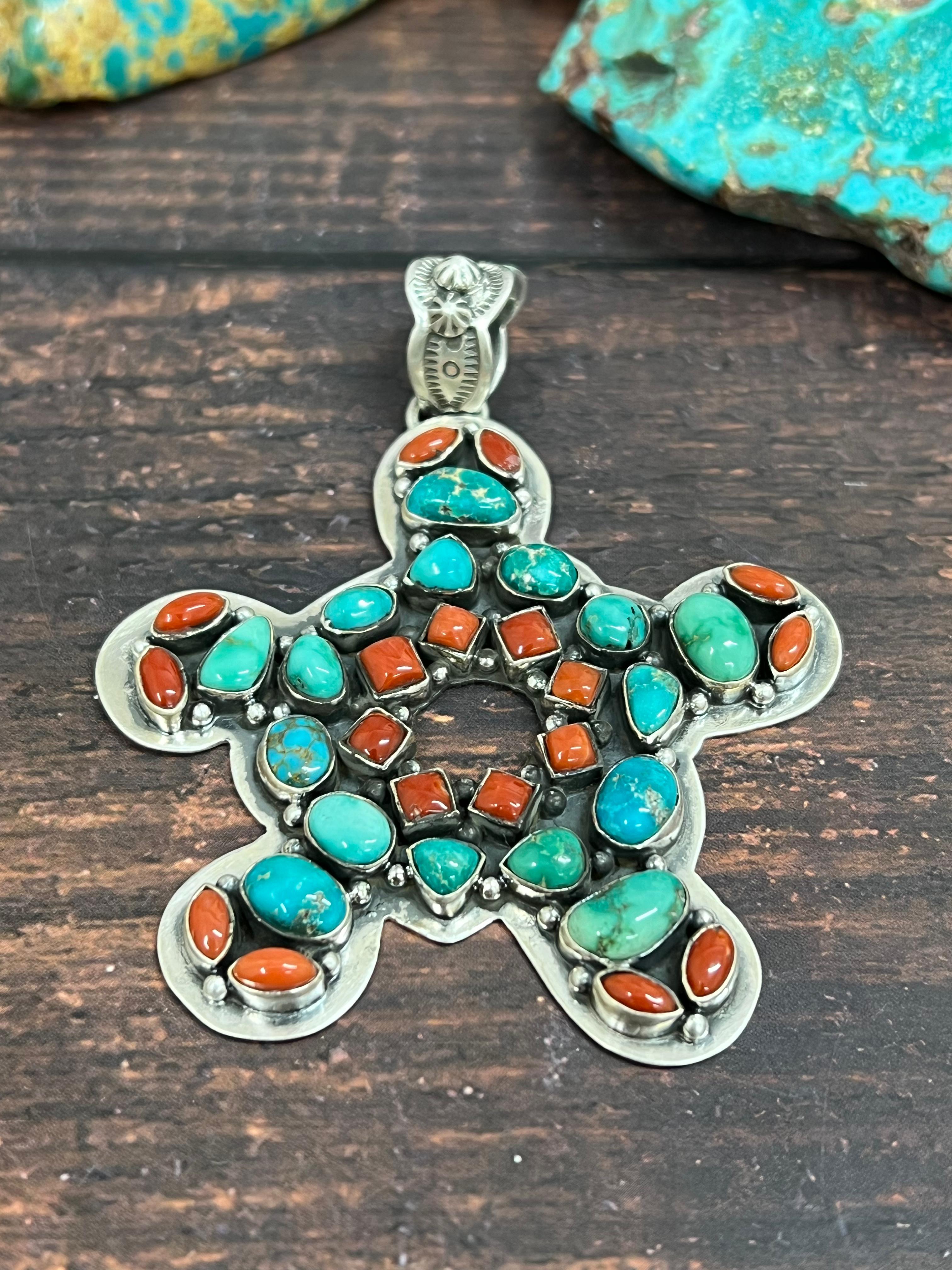 Handmade Sterling Silver Coral with Emerald Valley Pendant, Signed Nizhoni